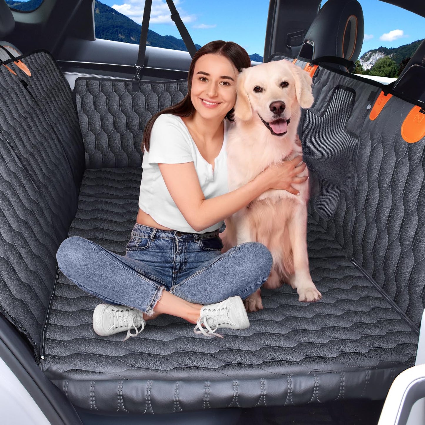 Back Seat Extender for Dogs-Supports 400lb,Waterproof Dog Car Seat Cover Hard Bottom-Detachable,600D Heavy Duty Scratch Proof Nonslip Soft,Dog Hammock for Car,SUVs-Grey