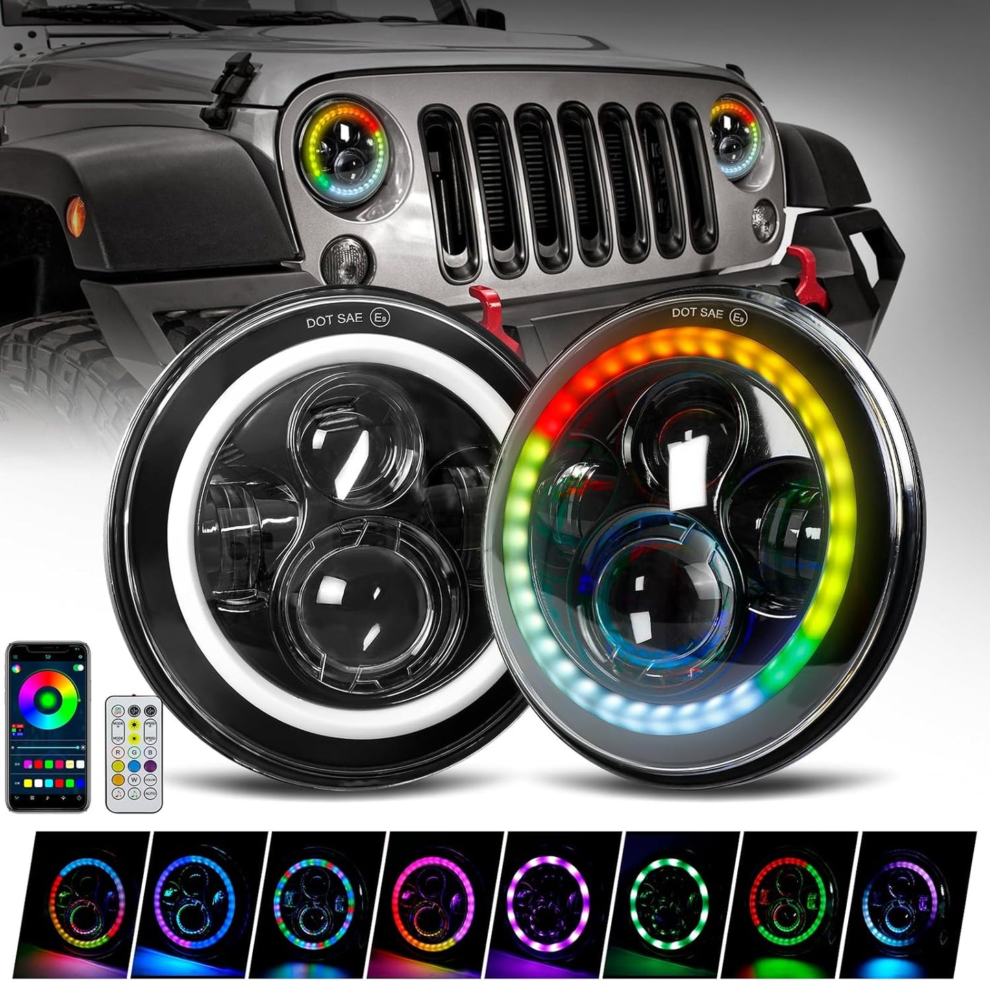 7" Inch RGB LED Headlights Bluetooth & IR Controlled with Dancing Halo Ring Compatible with 1997-2018 Jeep Wrangler TJ JK - OMOTOR