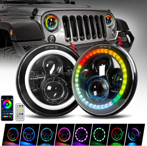 7" Inch RGB LED Headlights Bluetooth & IR Controlled with Dancing Halo Ring Compatible with 1997-2018 Jeep Wrangler TJ JK - OMOTOR