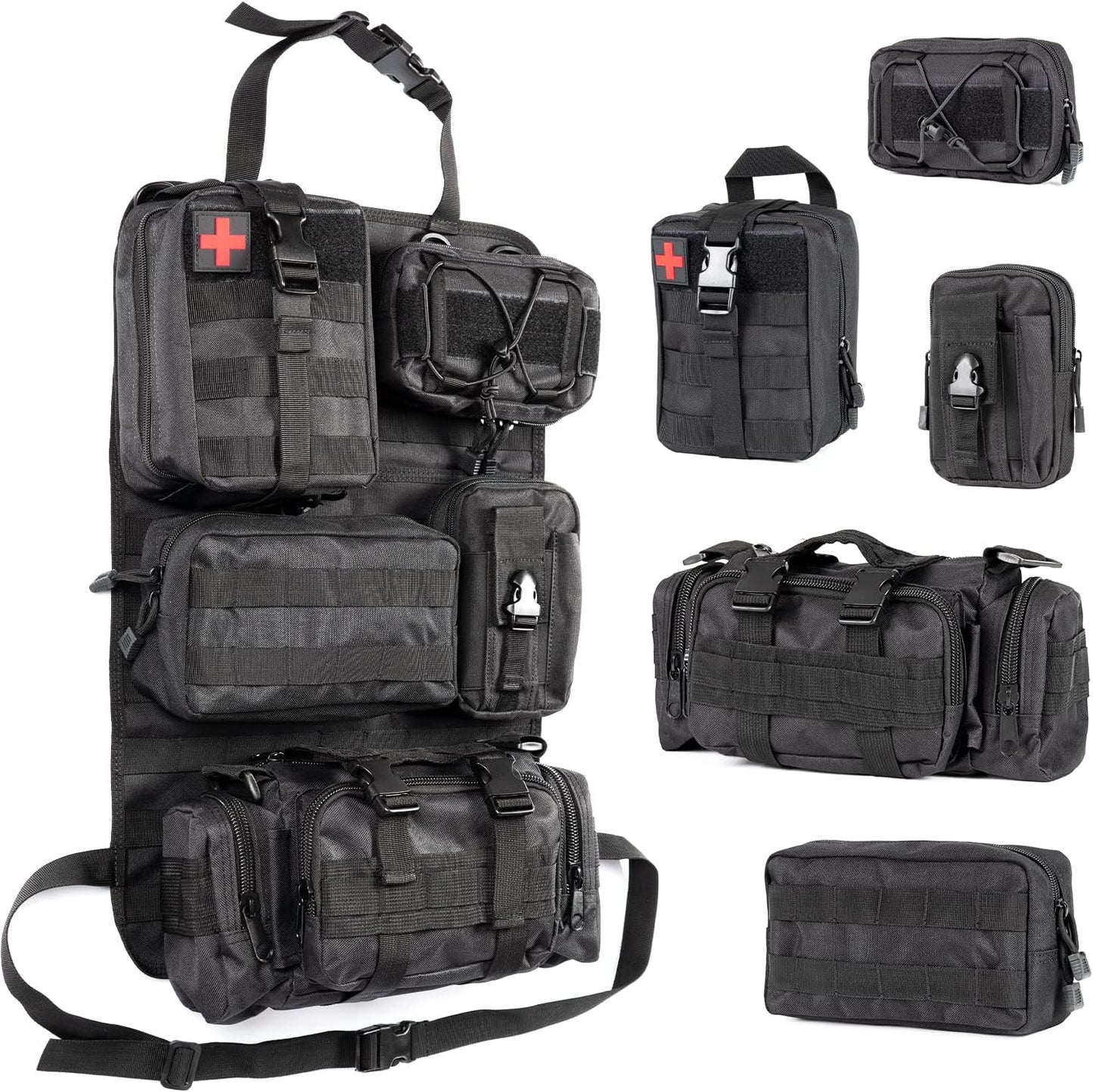 OHMU Tactical Seat Back Organizer Storage Hanger Bag with 5 Detachable Molle Pouch Vehicle Molle Panel Organizer Storage Bag Universal fits for All Vehicel