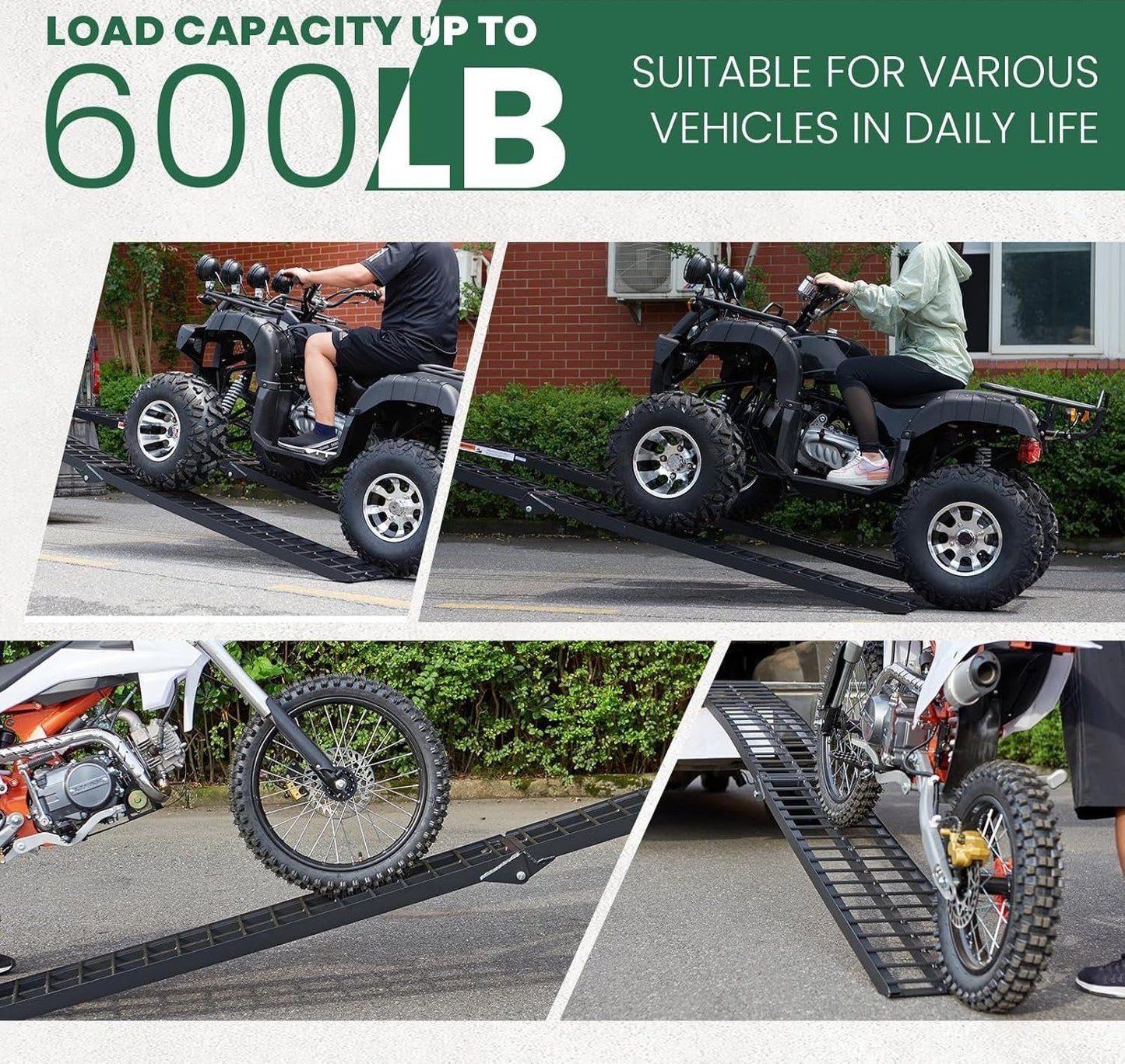 10ft Motorcycle Ramp - 600lb Capacity - Portable Loading Ramp for Motorcycles, Dirt Bikes, Bicycles - 120"x11.6" Black Ramp - OMOTOR