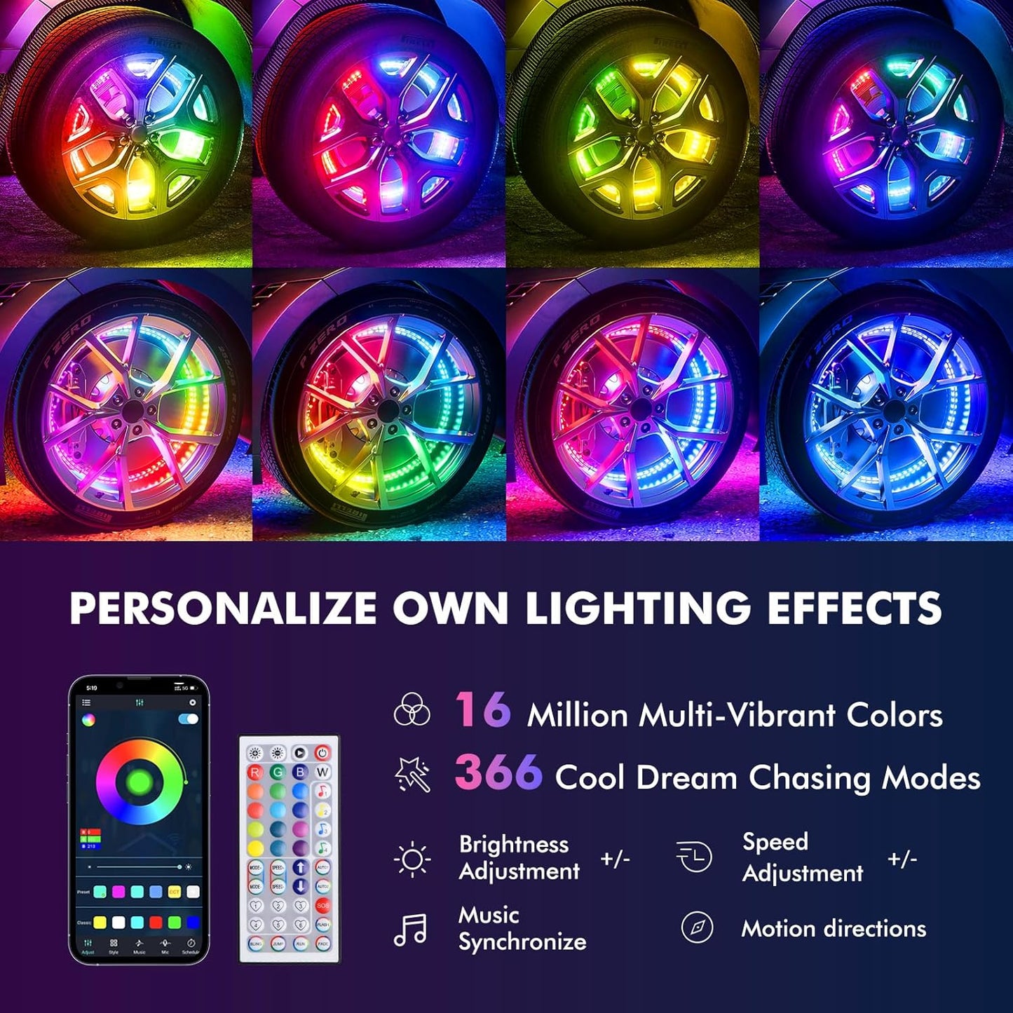 17" Double Row Wheel Lights, Brighter RGB Dream Chasing LED Rim Lights with App & Remote Control, Music Wheel Ring Light with Turn & Braking Signal Compatible with Various Trucks SUV Car(4PCS)