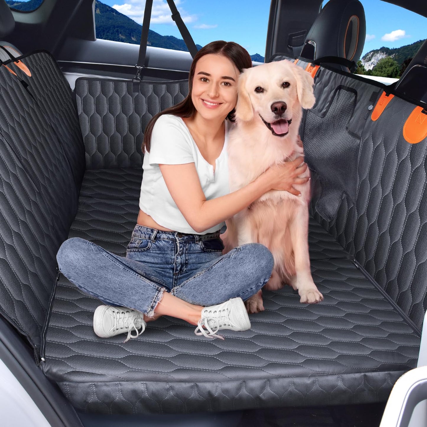 Back Seat Extender for Dogs-Supports 400lb,Waterproof Dog Car Seat Cover Hard Bottom-Detachable,600D Heavy Duty Scratch Proof Nonslip Soft,Dog Hammock for Car,SUVs-Grey