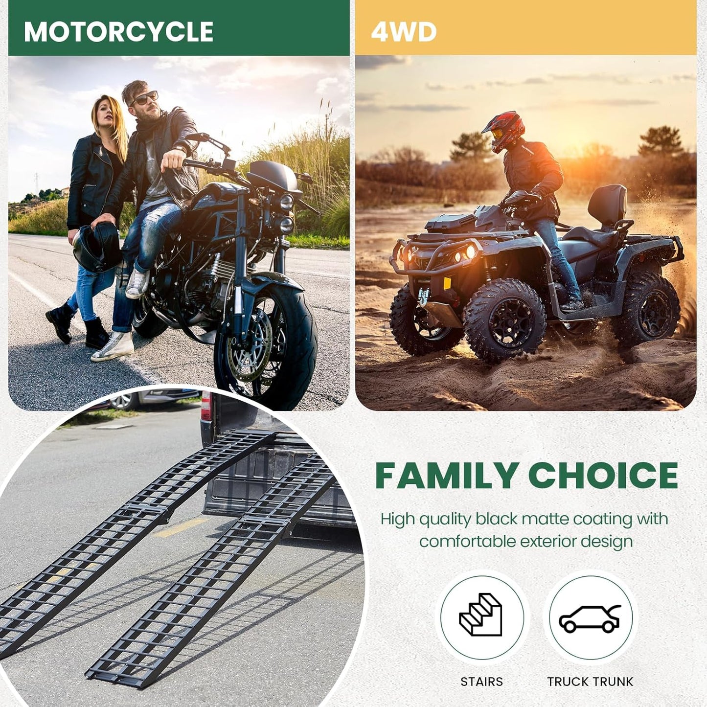 10ft Motorcycle Ramp - 600lb Capacity - Portable Loading Ramp for Motorcycles, Dirt Bikes, Bicycles - 120"x11.6" Black Ramp - OMOTOR