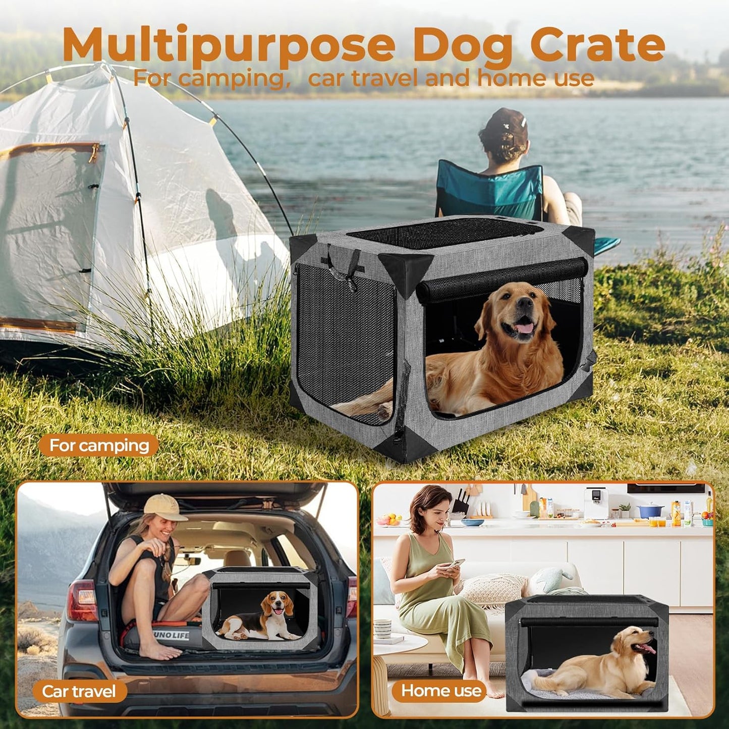 Dog Crate, Collapsible Soft Travel Crate for Large Dogs (3 Year Warranty), Indoor & Outdoor Portable Pet Kennel with Chew-Proof Mesh Window (Dark Gray, 36" L x 25" W x 25" H) 