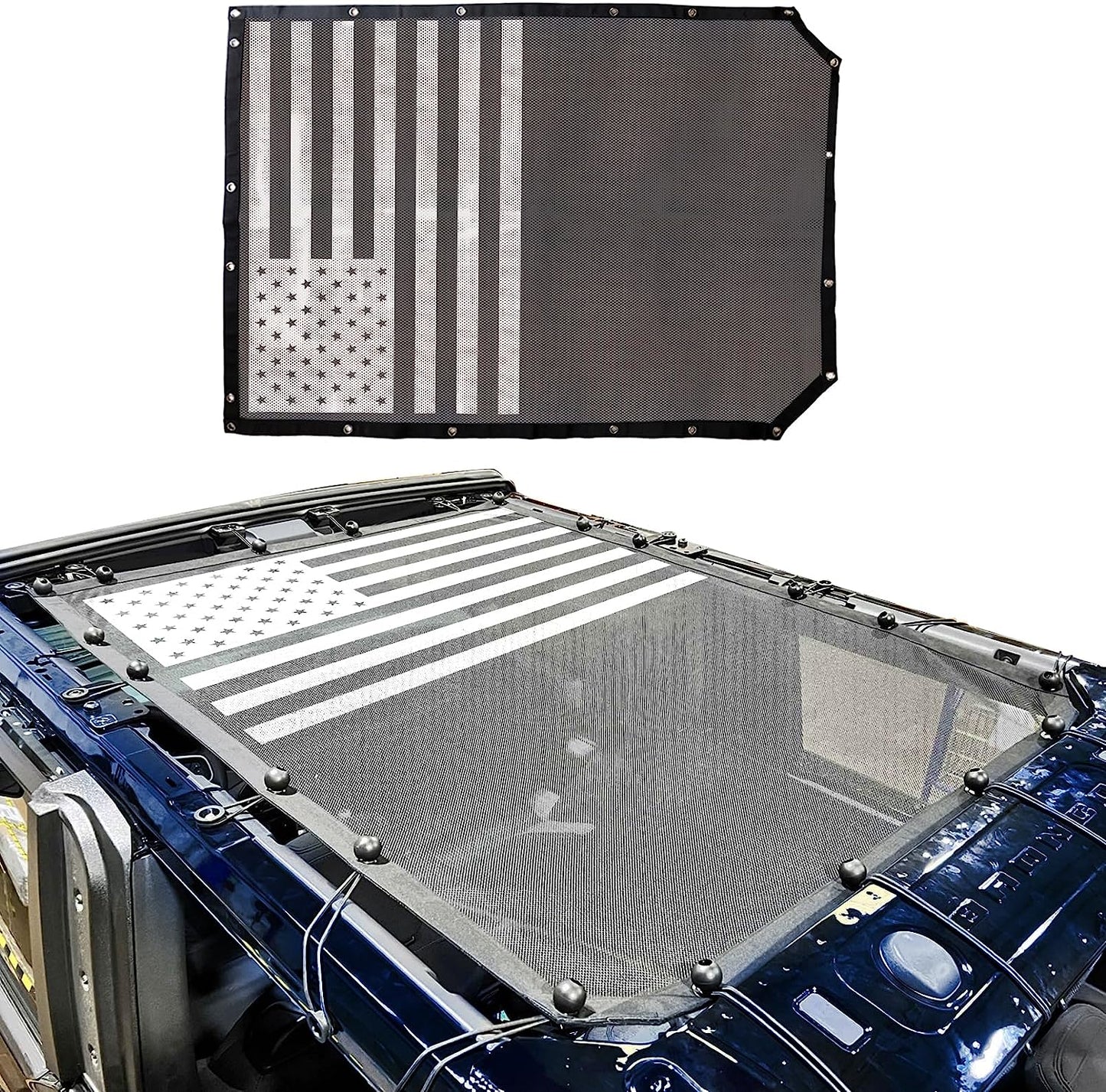 2 Door Sunshade for Ford Bronco,Mesh Sun Shade Bikini Top Cover Bimini Top for Ford Bronco Accessories 2021 2022 2023 2 Door - Blocks UV, Wind, Noise(Flag) - OMOTOR