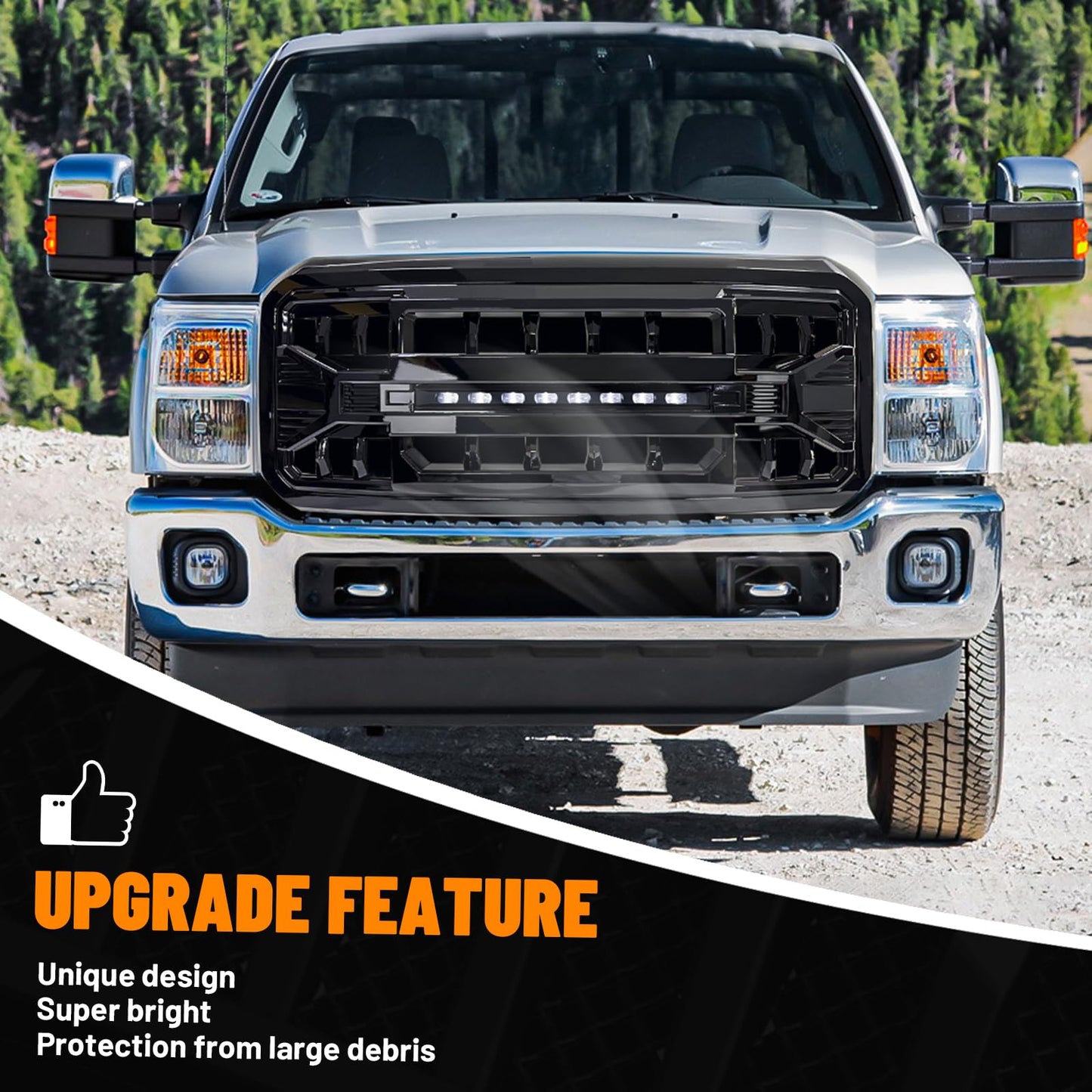 Front Grille Compatible with 2011-2016 F250 F350 F450 F550 Super Duty, Matte Black Front Bumper Grill Guard w/Off-Road Lights - OMOTOR