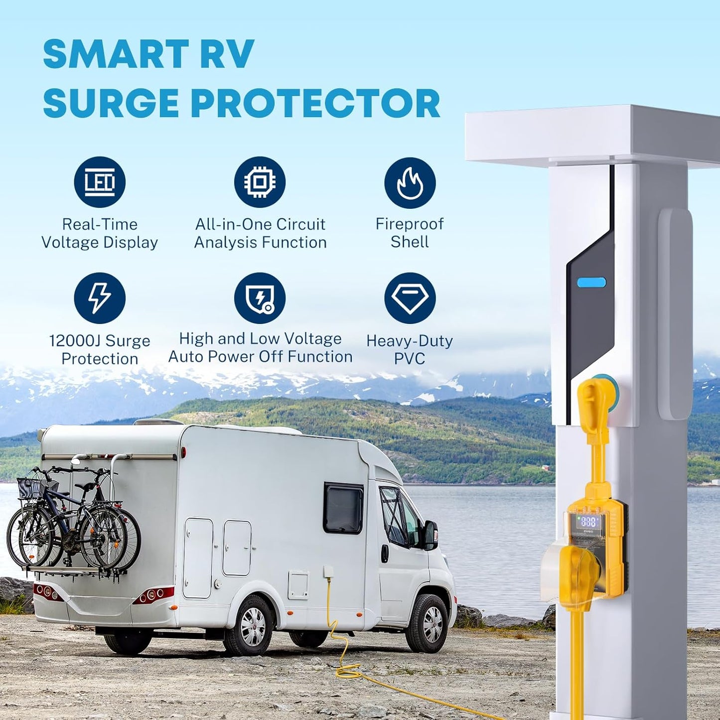 Kohree RV Surge Protector 30/50 Amp with High/Low Voltage Protection, 10000/12000 Joules 30 Amp RV Surge Protector Waterproof, Circuit Analyzer with Smart LED Display for RV Camper, Yellow - OMOTOR