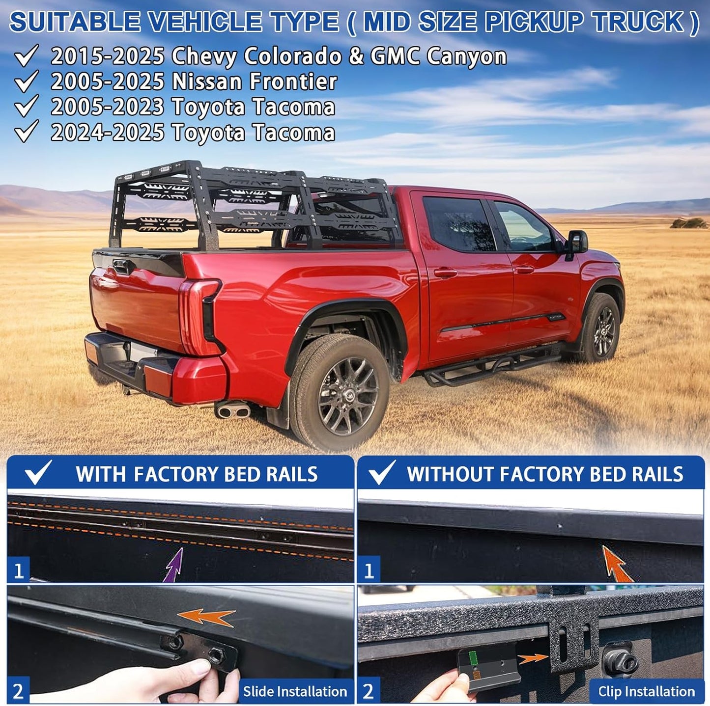 Bed Rack for Mid-Size Truck Compatible with Tacoma/Canyon/Colorado/Frontier Without Tonneau Bed Cover. Overland Bed Rack Truck Bed Racks.