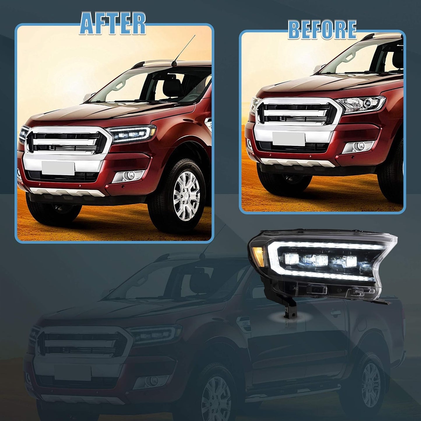 VLAND Headlights Assembly Fit for 2019-2024 Ford Ranger, with Sequential Turn Signal, Projector/Clear