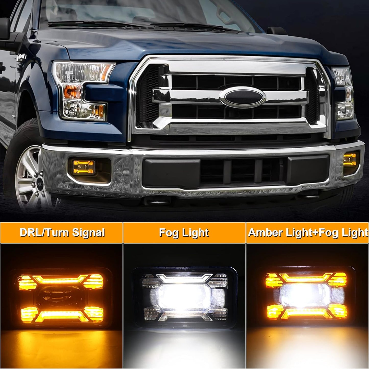 LED Fog Lights F150 Fog Lights with Amber DRL/Turn Signal Rectangular Fog Lights Assembly kit Compatible with Ford F150 2015-2020 Super Duty 2017-2018 1Pair