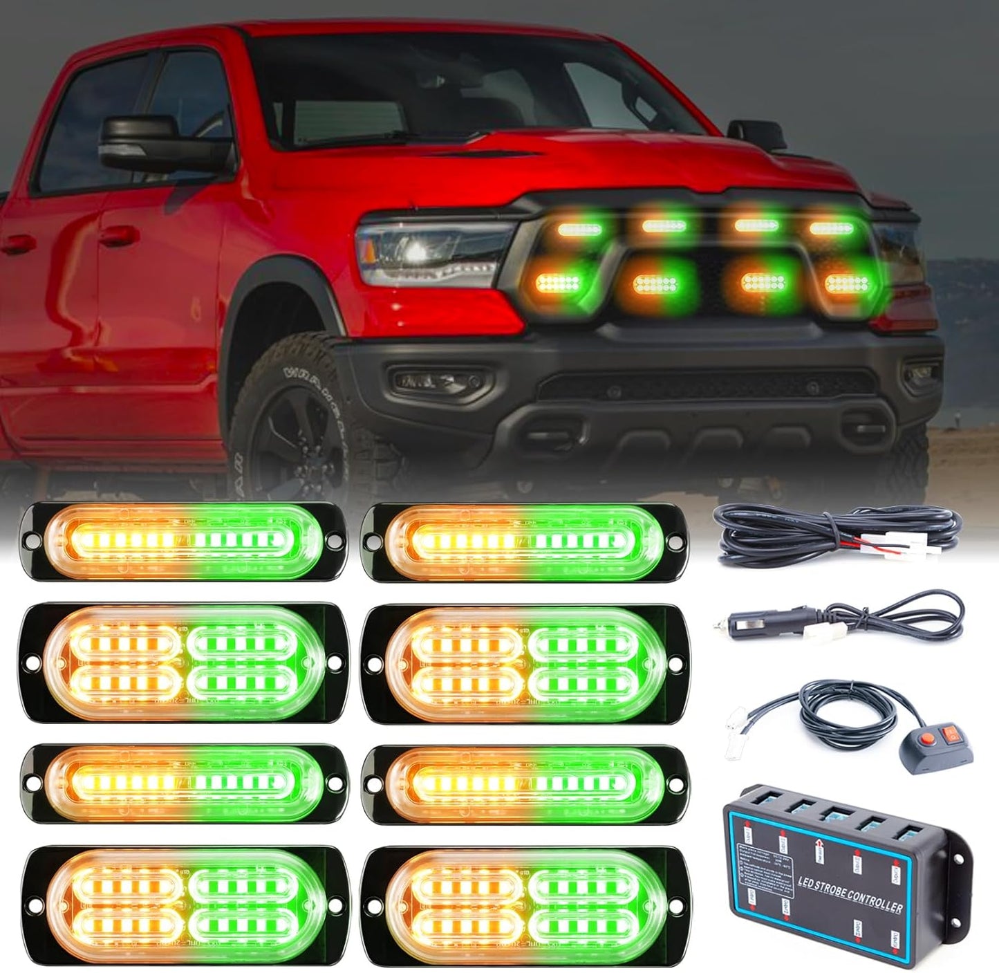 8pcs Sync Feature Emergency Strobe Grille Lights LED Ultra Slim Surface Mount Flashing Hazard Warning Light Bar with Controller for Firefighter/Construction/Trucks/Vehicles/Car - OMOTOR