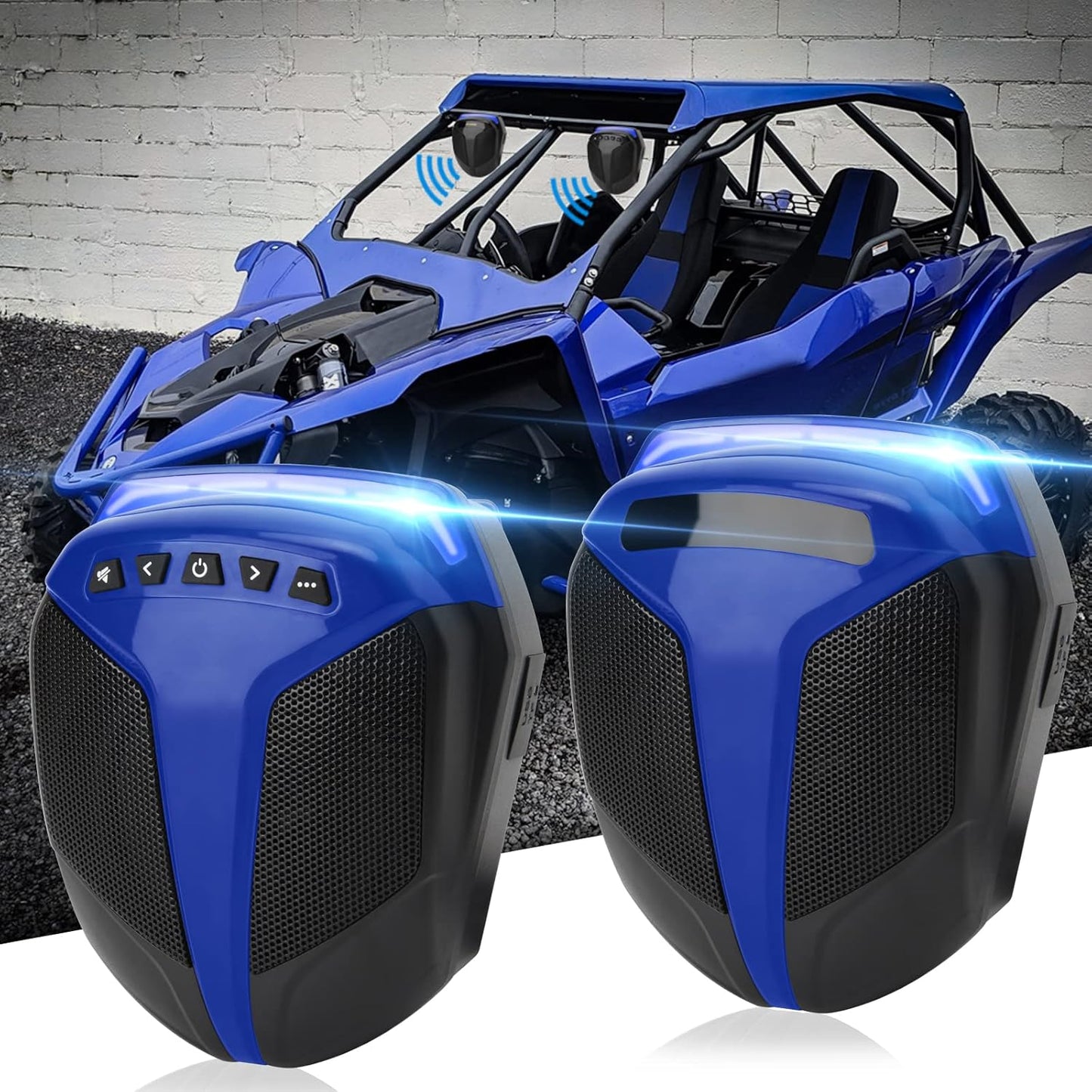 1Pair ATV UTV Speaker System with LED Blue Light Waterproof All-in-One 1"-1.5" Handlebar Mount MP3 Music Player Audio Amplifier System USB Speaker System for ATV UTV (MT486)