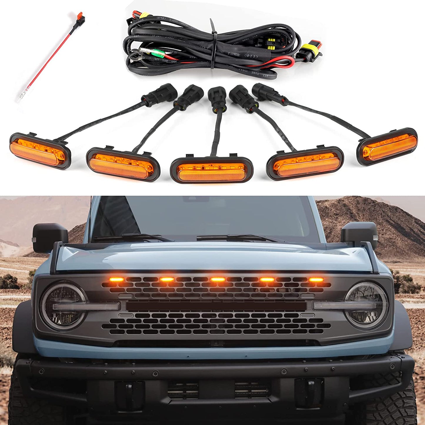 5 PCS Led Amber Grill Lights with Fuse Compatible with Ford Bronco 2021 2022 2023 Grille - OMOTOR