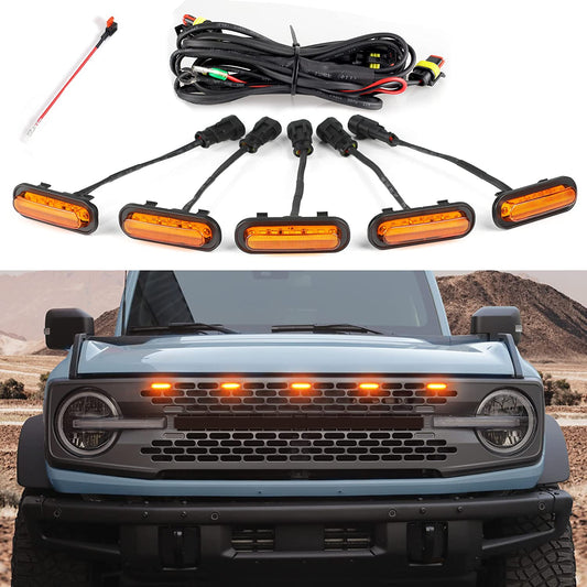 5 PCS Led Amber Grill Lights with Fuse Compatible with Ford Bronco 2021 2022 2023 Grille