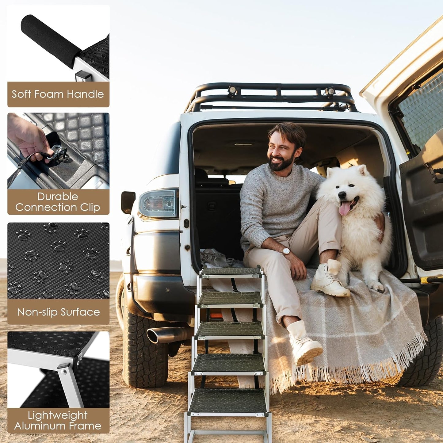 Foldable Dog Car Ramp for Large Dogs, Portable Dog Steps for SUV, Aluminum Dog Stairs with Non-Slip Surface for High Beds, Trucks and SUVs, 5 Steps - OMOTOR