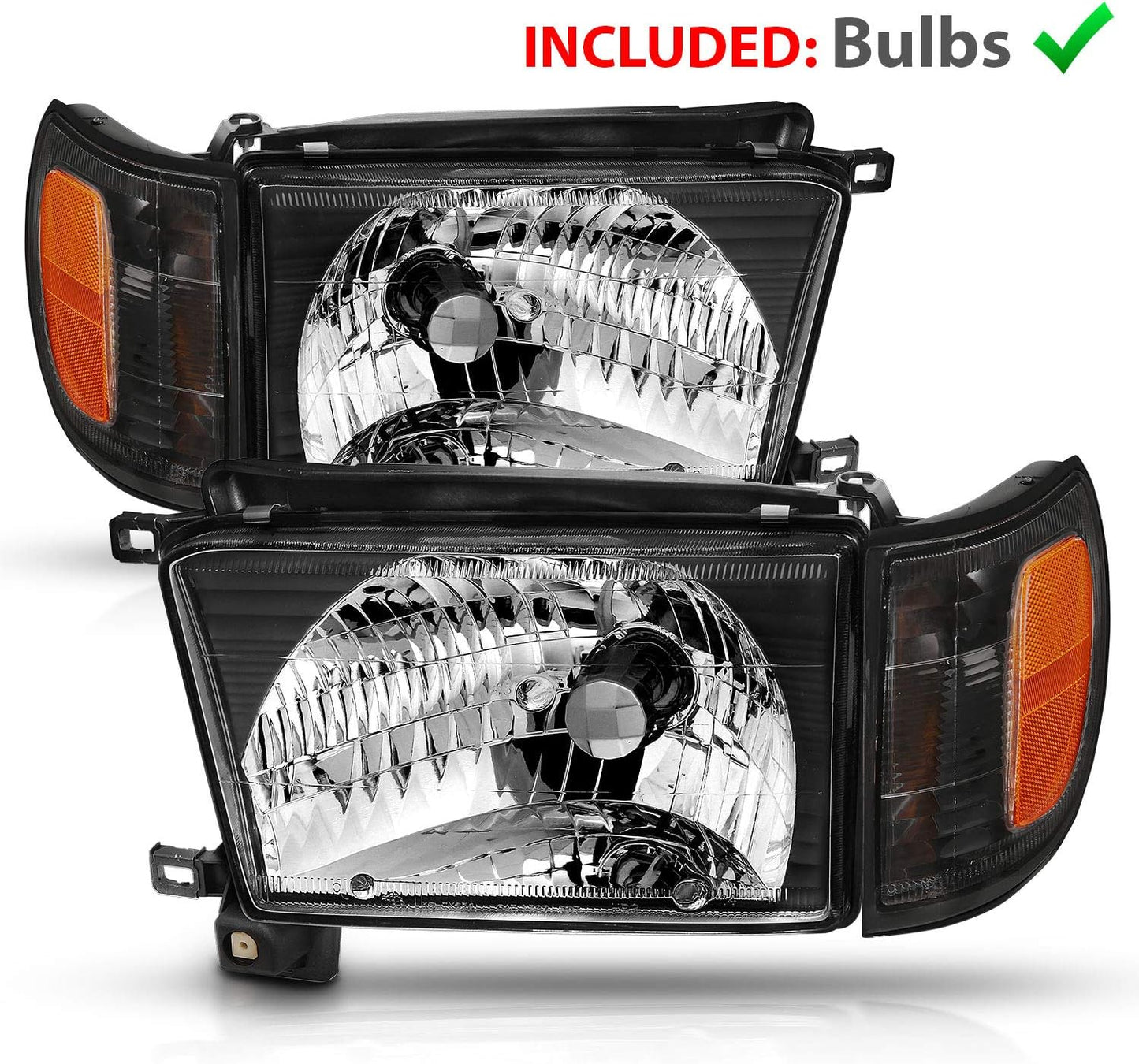 AmeriLite Replacement Halogen Headlights With Corner Lamp + Bracket For 1996-1998 Toyota 4Runner SUV N180 - Passenger and Driver Side, Vehicle Light Assembly, Black