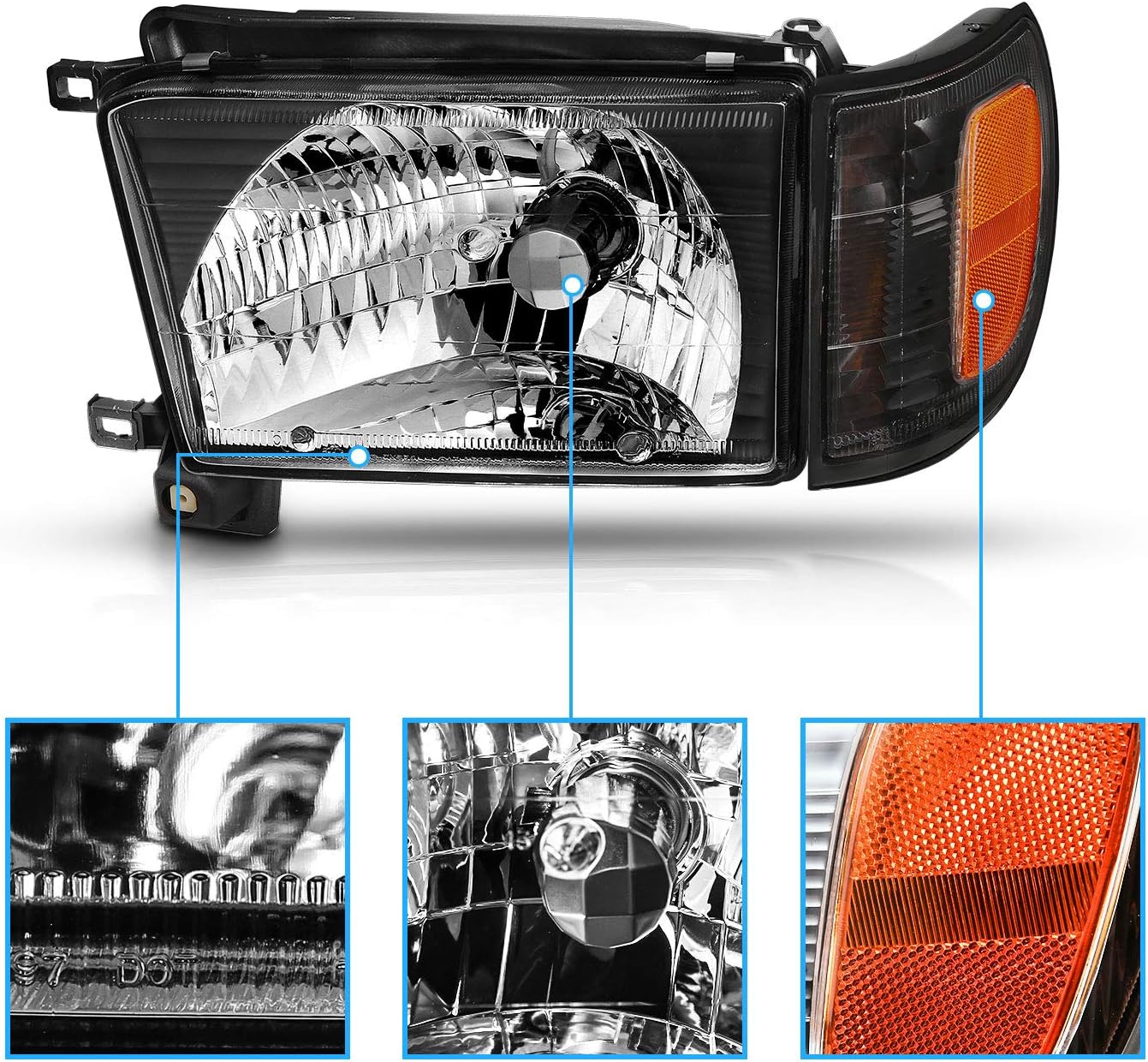 AmeriLite Replacement Halogen Headlights With Corner Lamp + Bracket For 1996-1998 Toyota 4Runner SUV N180 - Passenger and Driver Side, Vehicle Light Assembly, Black