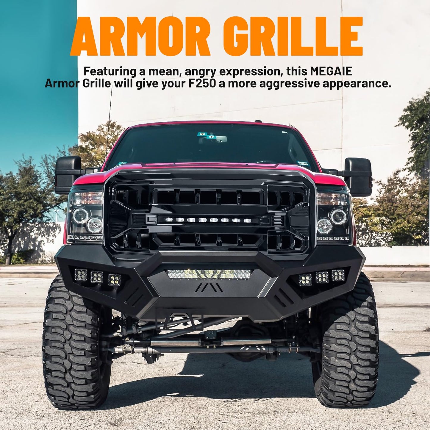 Front Grille Compatible with 2011-2016 F250 F350 F450 F550 Super Duty, Matte Black Front Bumper Grill Guard w/Off-Road Lights - OMOTOR