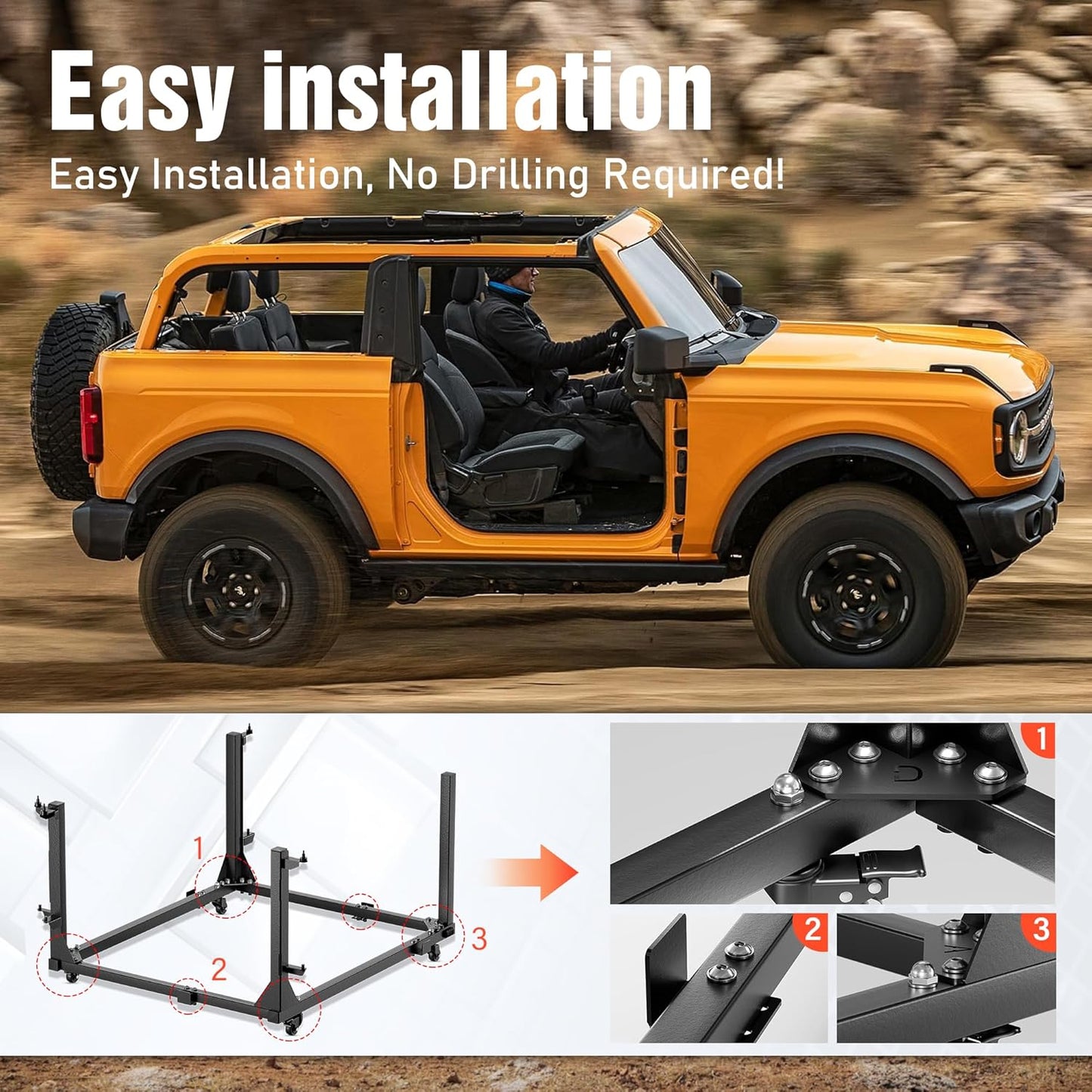 Door Storage Hangers Rack Bracket Holder Cart Compatible with 2021 2022 2023 2024 2025 Ford Bronco Movable Stand Sliding for 2/4 Door (Black)