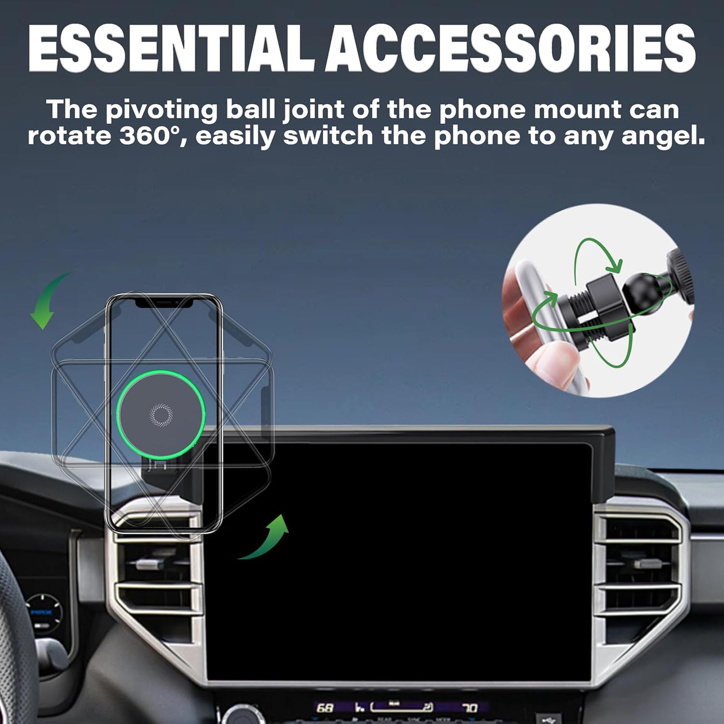 Car Phone Holder for 2022-2025 Toyota Tundra/2023 2024 2025 Toyota Sequoia Accessories 15W Fast Wireless Charger Screen Fixed Clip Cell Phone Mount Hands-Free 360 Degree Rotation(14 Inch)