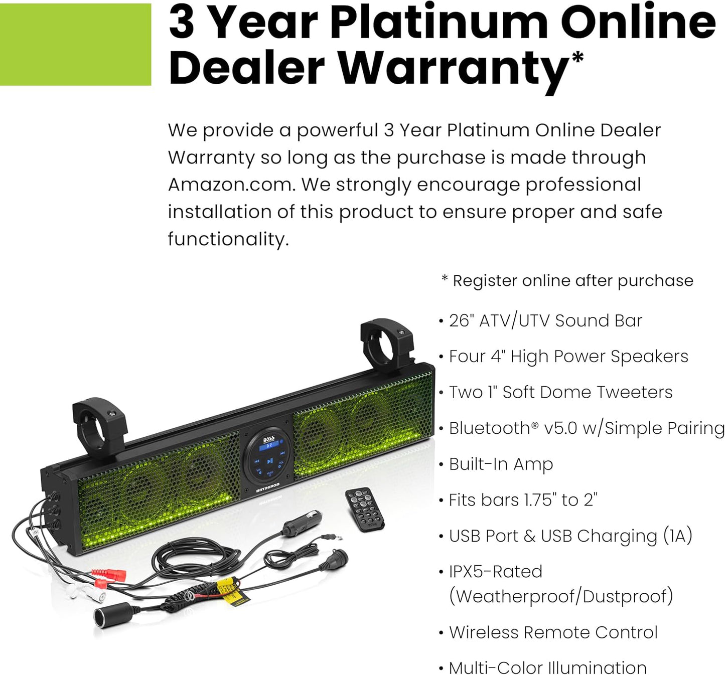 ATV UTV Sound Bar - 26 Inches Wide, 4 inch Speakers, 1 Inch Tweeters, IPX5 Weatherproof, Bluetooth, Built-in Amplifier, Multicolor Illumination, Golf Cart Compatible - OMOTOR