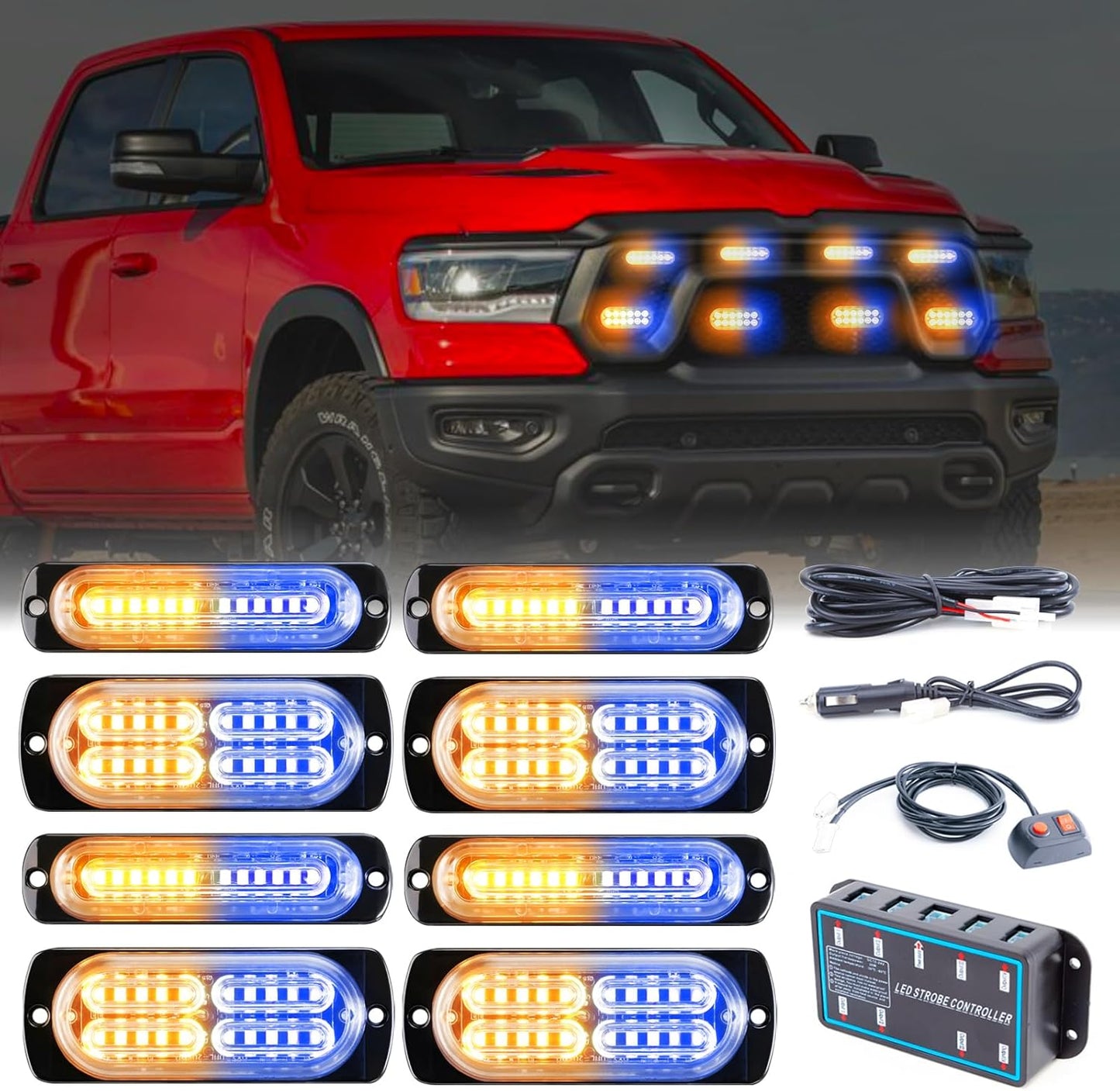 8pcs Sync Feature Emergency Strobe Grille Lights LED Ultra Slim Surface Mount Flashing Hazard Warning Light Bar with Controller for Firefighter/Construction/Trucks/Vehicles/Car - OMOTOR