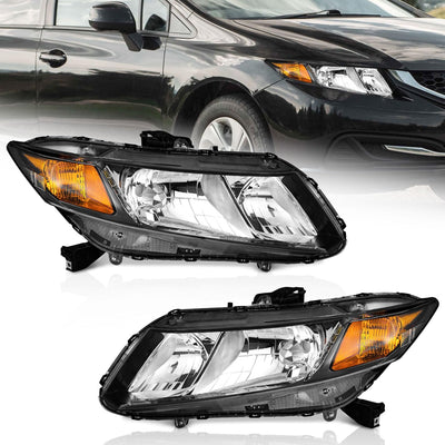 2012-2015 Honda Civic 4Dr Sedan & 12-13 Honda Civic 2Dr Coupe Headlights - Black/Chrome Housing, Amber Reflector (Left + Right Side, Not for Hybrid or Hybrid-L Models)