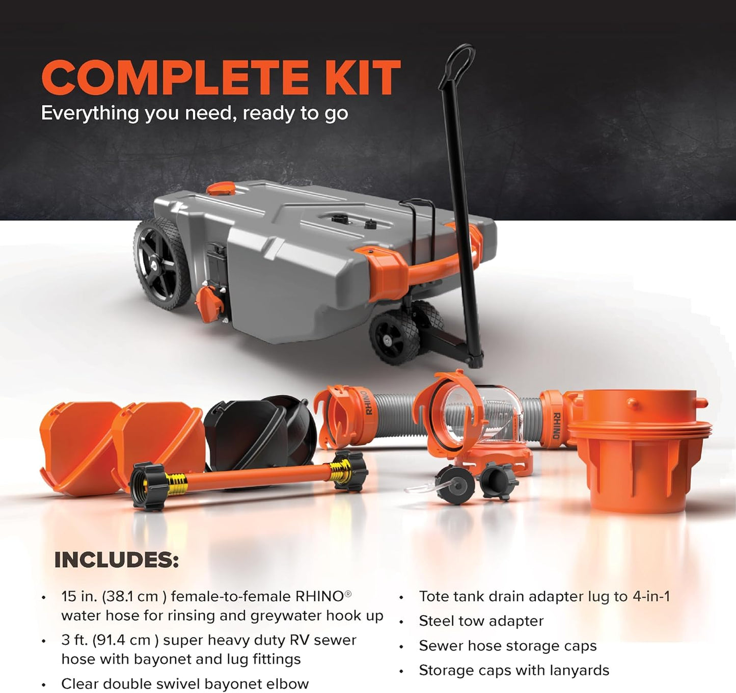 28/36 Gallon Portable RV Tote Tank - Features 2 Steerable No-Flat Front Wheels & Built-in Gate Valve - Includes Removable 24" Tow Bar, 3’ Sewer Hose