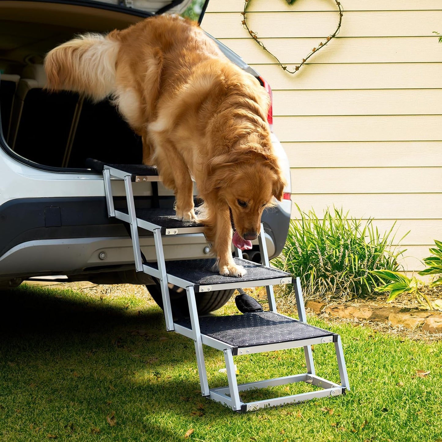 Foldable Dog Car Ramp for Large Dogs, Portable Dog Steps for SUV, Aluminum Dog Stairs with Non-Slip Surface for High Beds, Trucks and SUVs, 5 Steps - OMOTOR