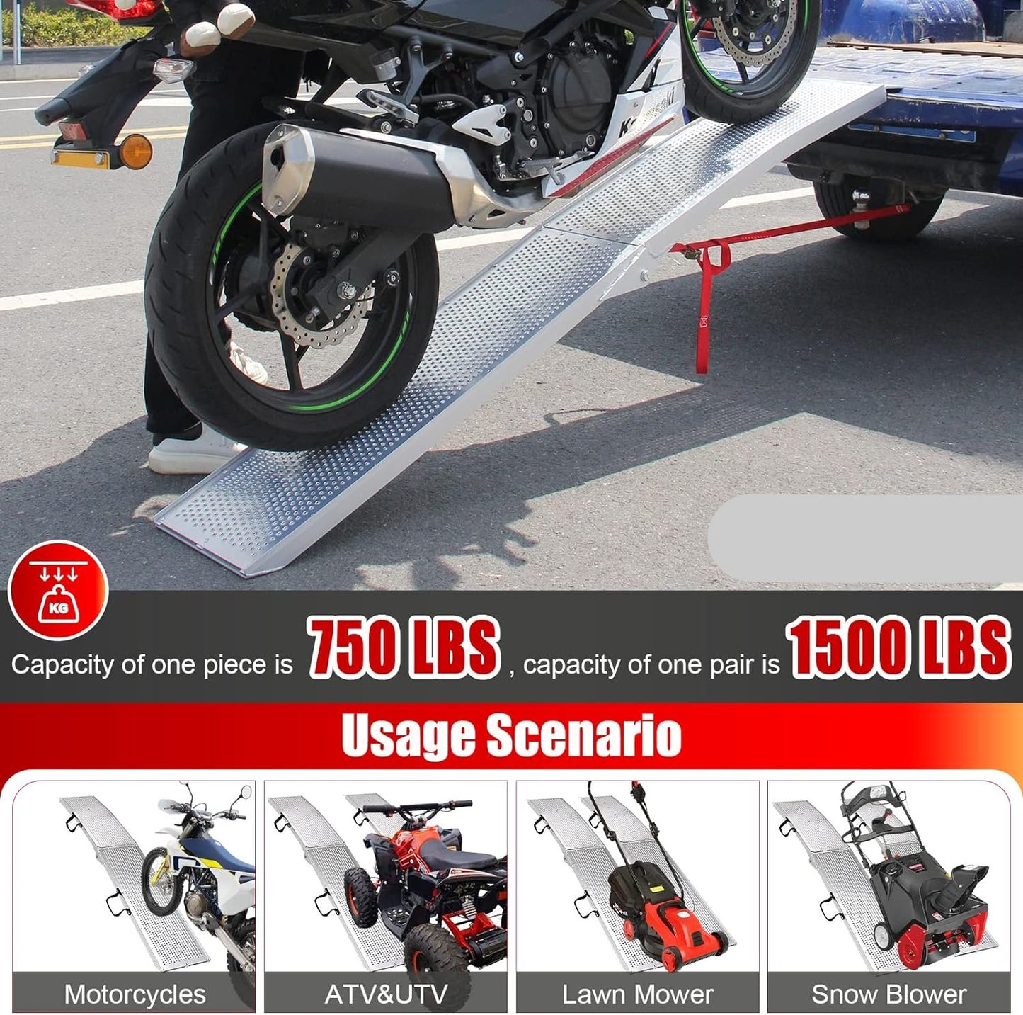 7.5'L × 11" W Folding Loading Ramp, 750 lbs Capacity, Aluminum Portable ATV UTV Ramp/Motorcycle Ramp/Truck Ramp for Dirt Bikes,Carts,Trucks,Lawn Mowers,Snow Blowers Pickup,1 PC Silver - OMOTOR