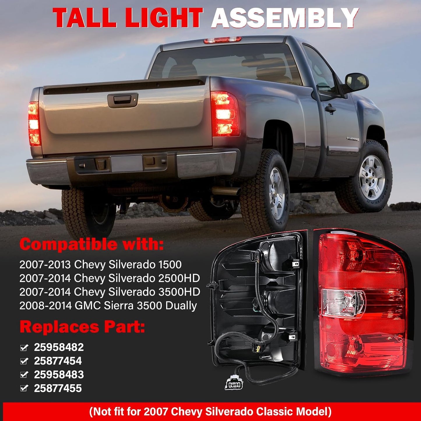Tail Lights Assembly for Chevy Silverado 1500 2500 3500 2500HD 3500HD 2007 2008 2009 2010 2011 2012 2013 2014 Rear Brake Turn Signal Left Driver Right Passenger Taillights, 2 Packs