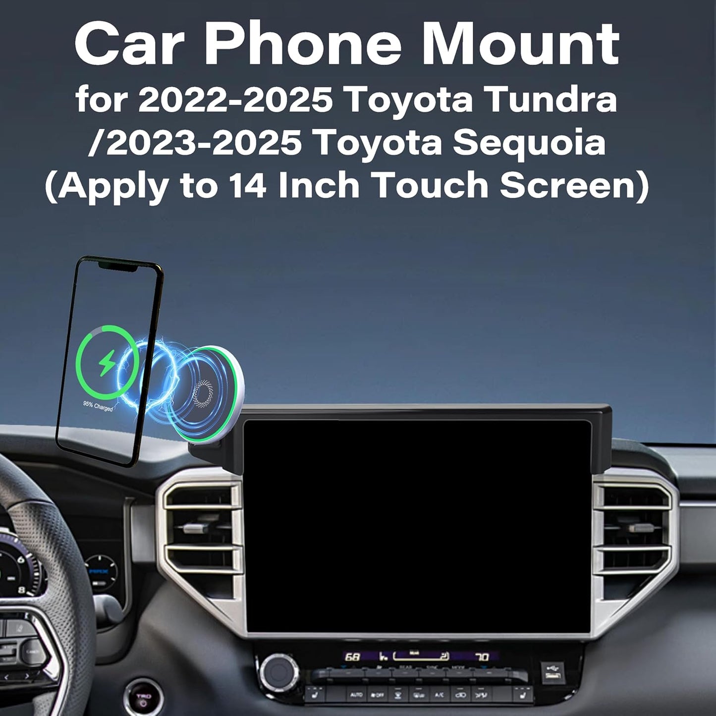 Car Phone Holder for 2022-2025 Toyota Tundra/2023 2024 2025 Toyota Sequoia Accessories 15W Fast Wireless Charger Screen Fixed Clip Cell Phone Mount Hands-Free 360 Degree Rotation(14 Inch)