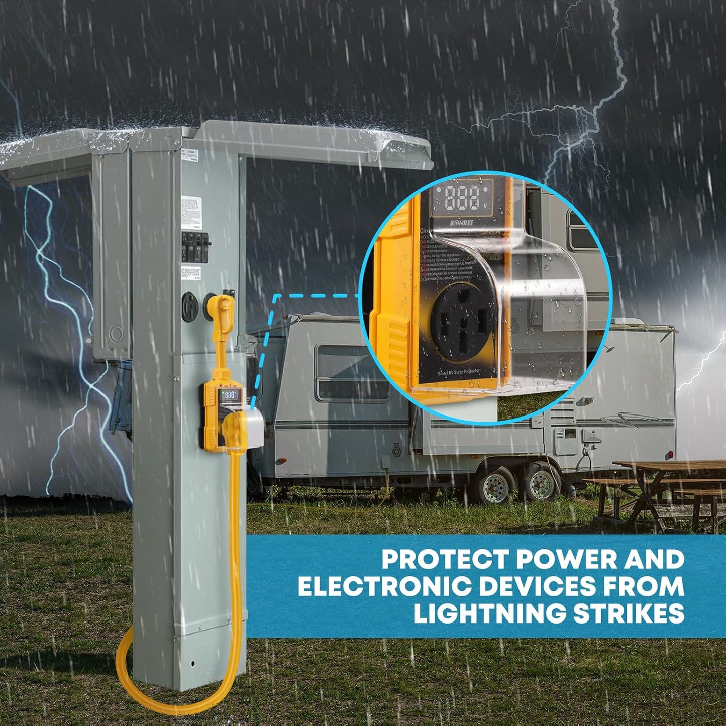 Kohree RV Surge Protector 30/50 Amp with High/Low Voltage Protection, 10000/12000 Joules 30 Amp RV Surge Protector Waterproof, Circuit Analyzer with Smart LED Display for RV Camper, Yellow - OMOTOR