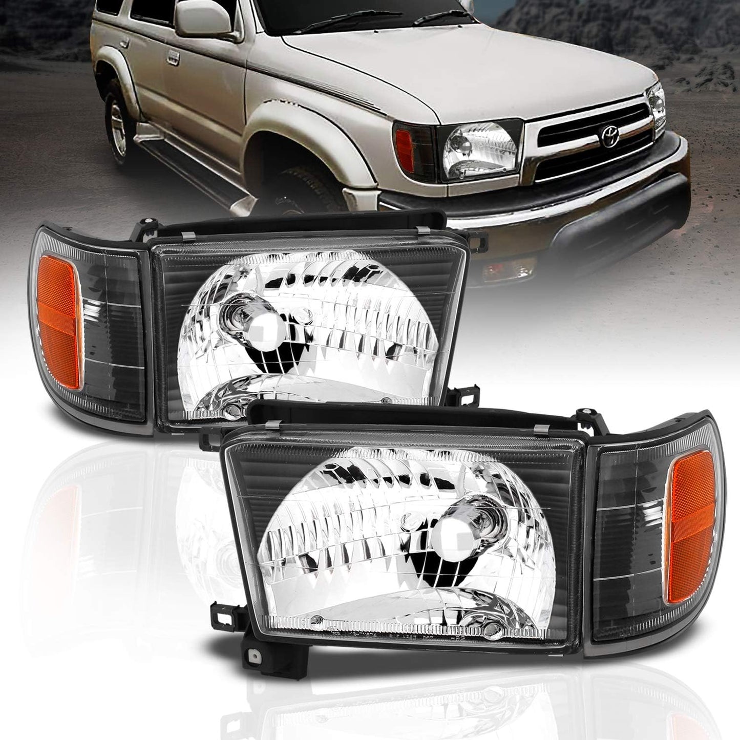 AmeriLite Replacement Halogen Headlights With Corner Lamp + Bracket For 1996-1998 Toyota 4Runner SUV N180 - Passenger and Driver Side, Vehicle Light Assembly, Black