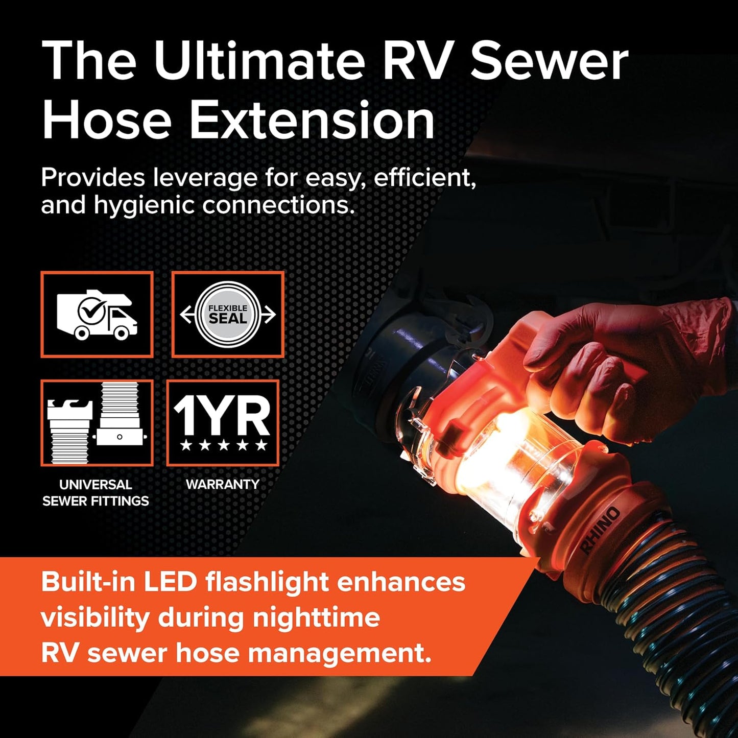 Camco Rhino RV Sewer Hose Extender PRO – 5″ Sewer Hose Extension — Torque-Grip Handle with Built-in LED Flashlight — The Easiest Way to Connect Your RV Sewer Hose (39570)
