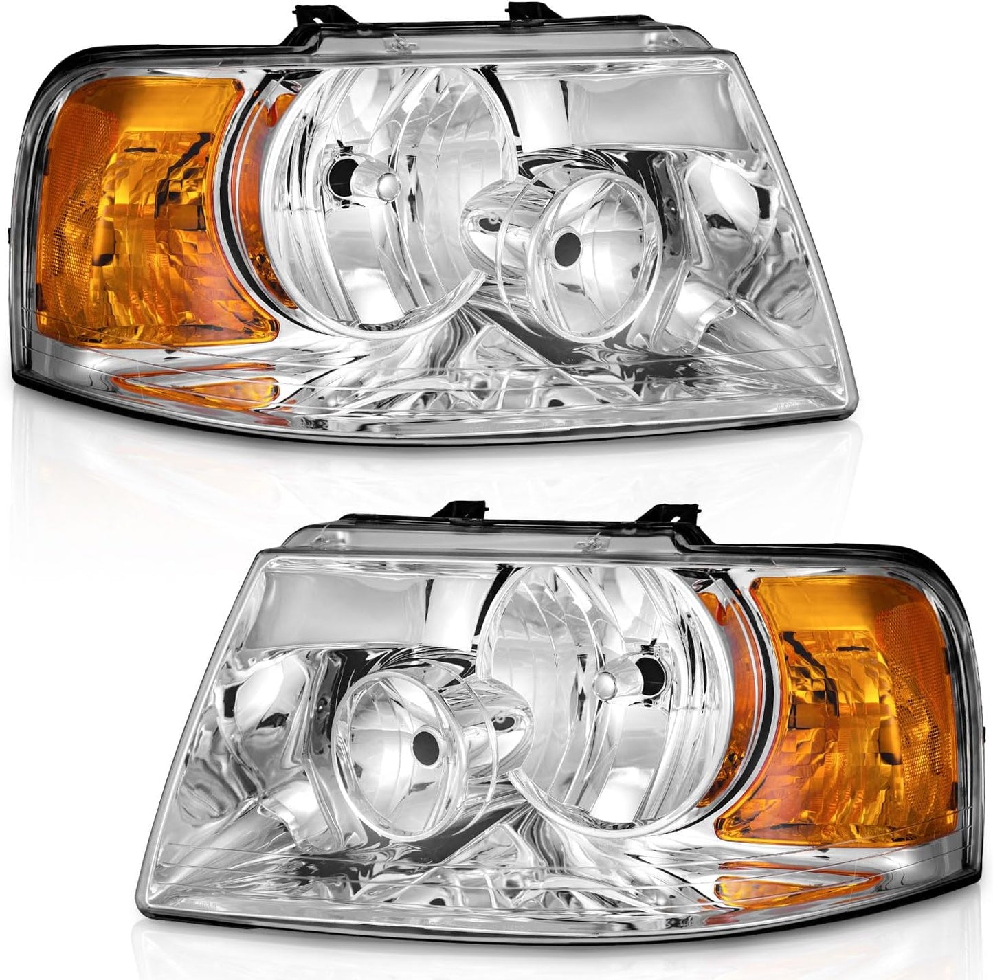 Headlight Assembly for 2003-2006 Ford Expedition - Black/Chrome Housing, Amber Reflector, Left & Right Pair - OMOTOR