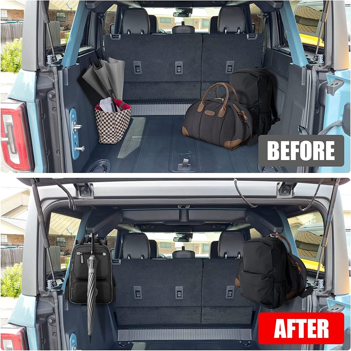 Aluminum Trunk Grocery Bag Hooks for Ford Bronco Accessories 2021 2022 2023 4-Door Black Interior Organizer (T+J-Shaped) - OMOTOR
