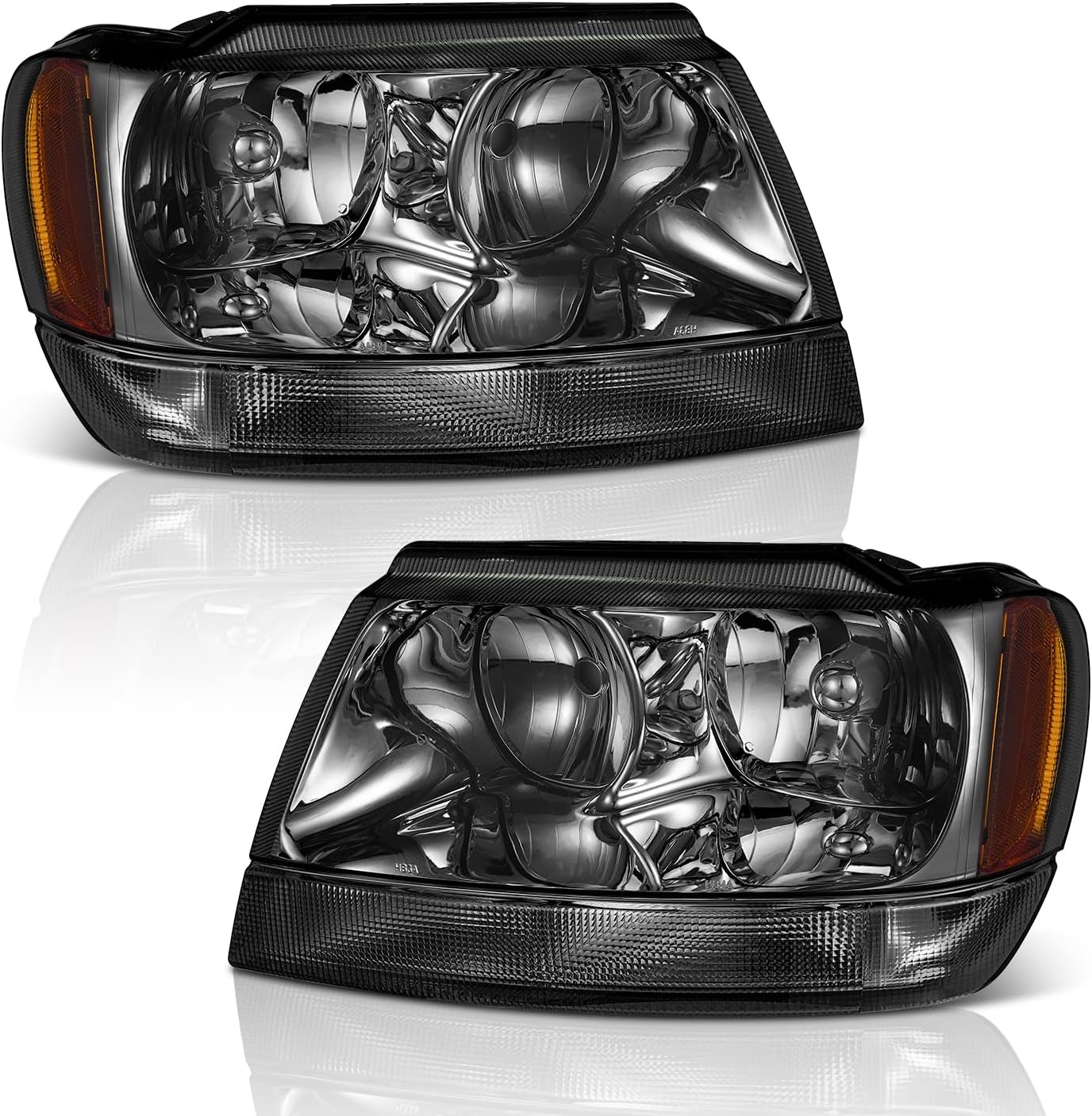 Headlights Assembly Compatible with 1999-2004 Jeep Grand Cherokee,Halogen Headlight Assembly Headlamp Replacement For 99 00 01 02 03 04 Jeep Grand Cherokee Housing+Amber Reflector - OMOTOR