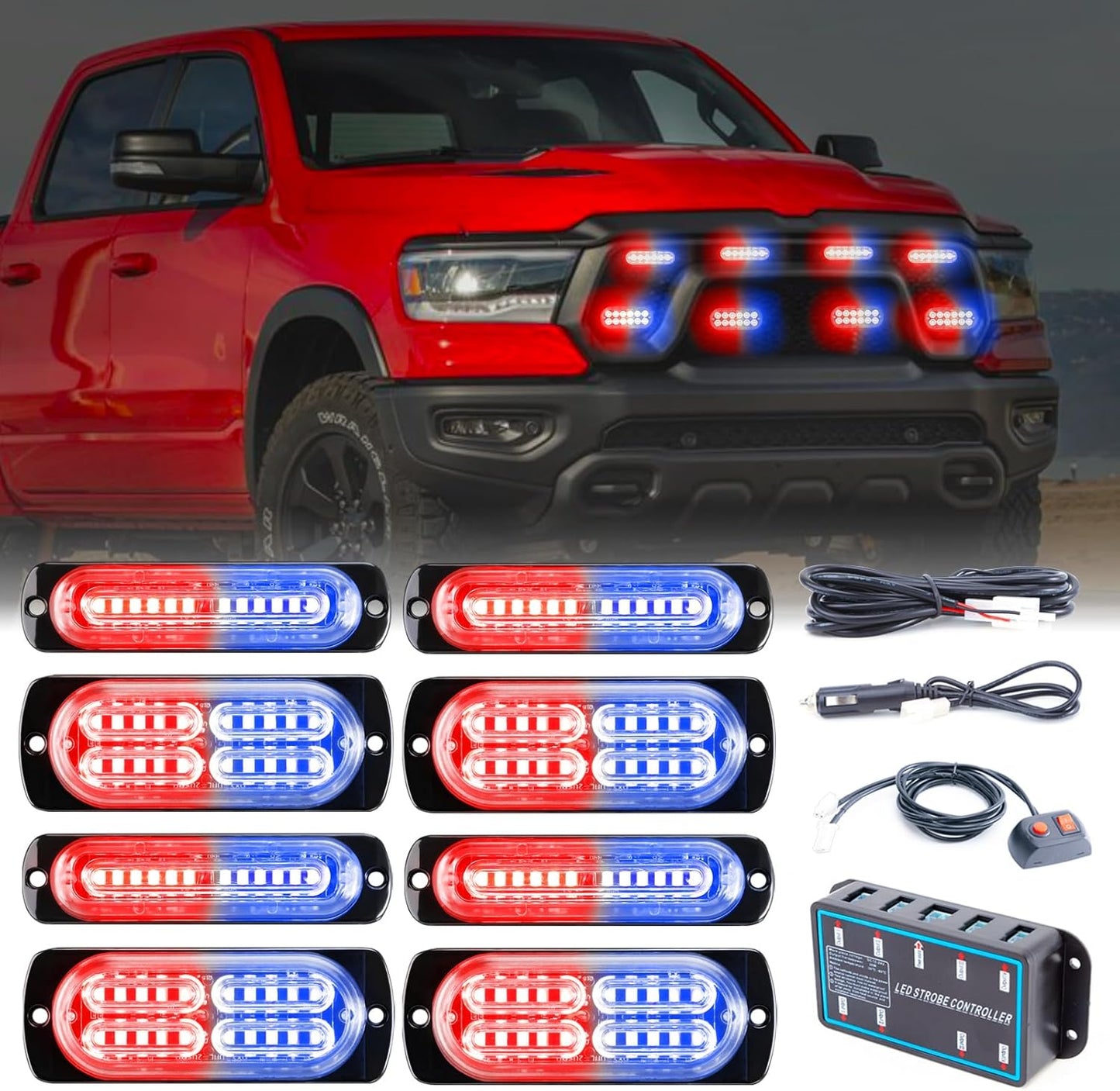 8pcs Sync Feature Emergency Strobe Grille Lights LED Ultra Slim Surface Mount Flashing Hazard Warning Light Bar with Controller for Firefighter/Construction/Trucks/Vehicles/Car - OMOTOR