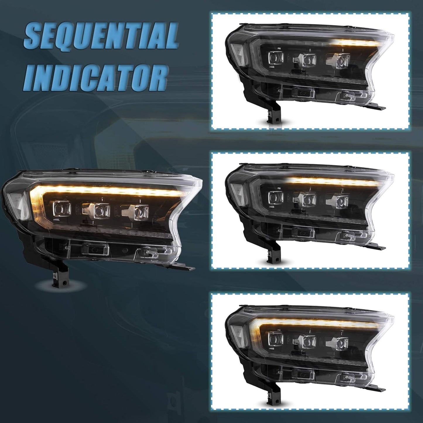 VLAND Headlights Assembly Fit for 2019-2024 Ford Ranger, with Sequential Turn Signal, Projector/Clear