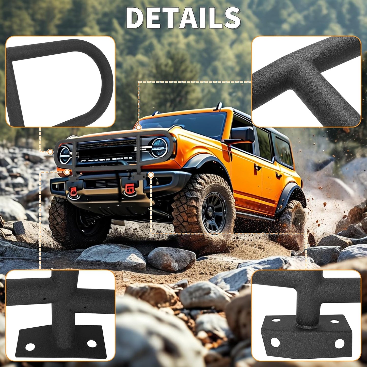 KUAFU Bull Bar Brush Guard Compatible with 2021 2022 2023 2024 Ford Bronco Front Bumper Bull Bar Black Steel Powder Coated Grille Impact Frame