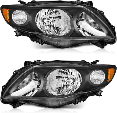 2009-2010 Toyota Corolla Headlights - Black/Chrome Housing, Clear Lens, Amber Reflector for Replacement