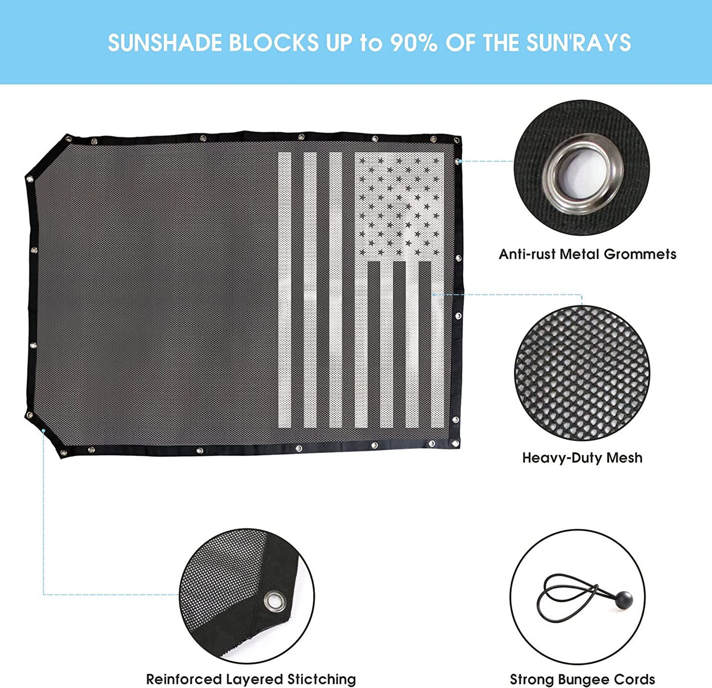 Sunshade for Ford Bronco,Mesh Sun Shade Bikini Top Cover Bimini Top for Ford Bronco Accessories 2021 2022 2023 4 Door - Blocks UV, Wind, Noise, (Flag) - OMOTOR