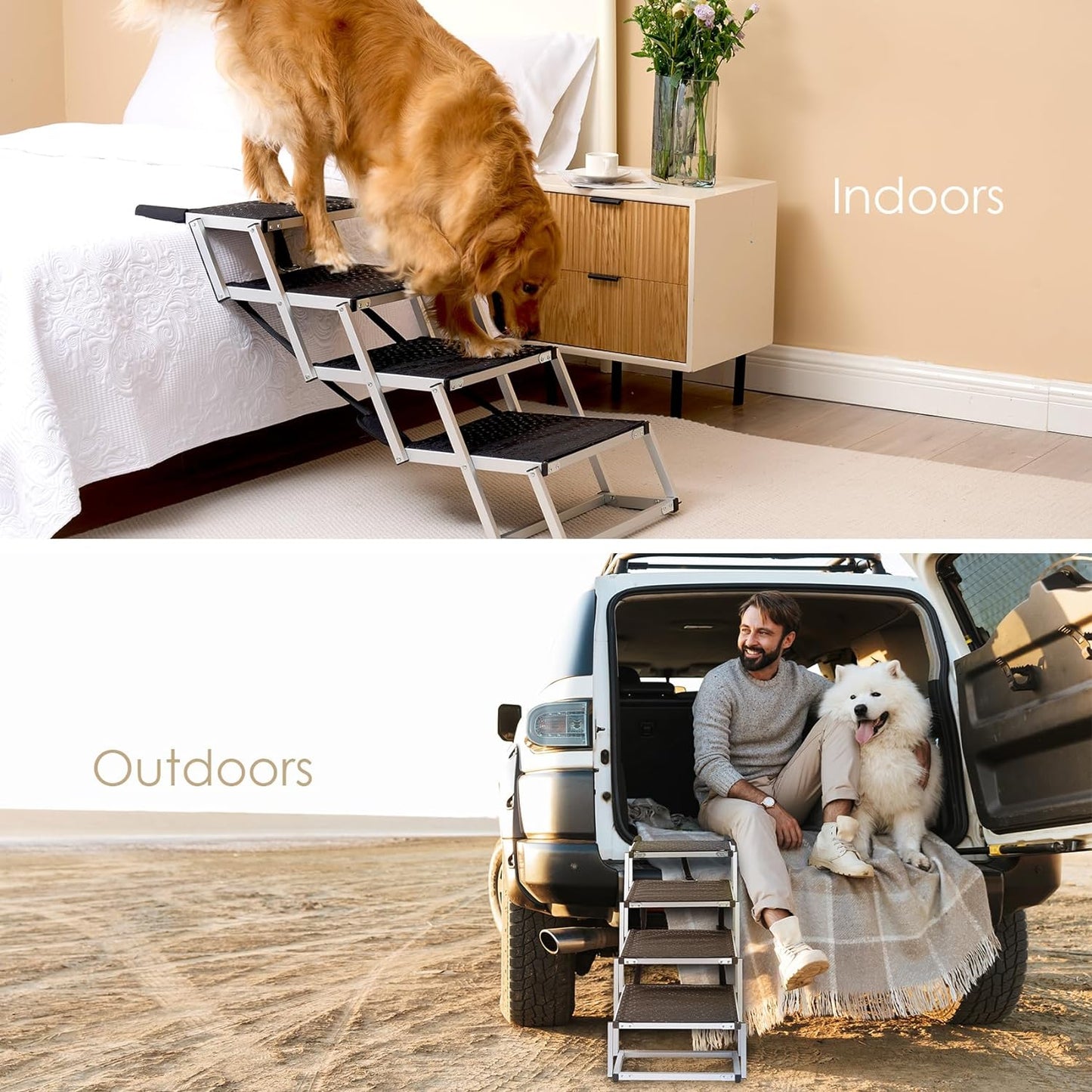 Foldable Dog Car Ramp for Large Dogs, Portable Dog Steps for SUV, Aluminum Dog Stairs with Non-Slip Surface for High Beds, Trucks and SUVs, 5 Steps - OMOTOR