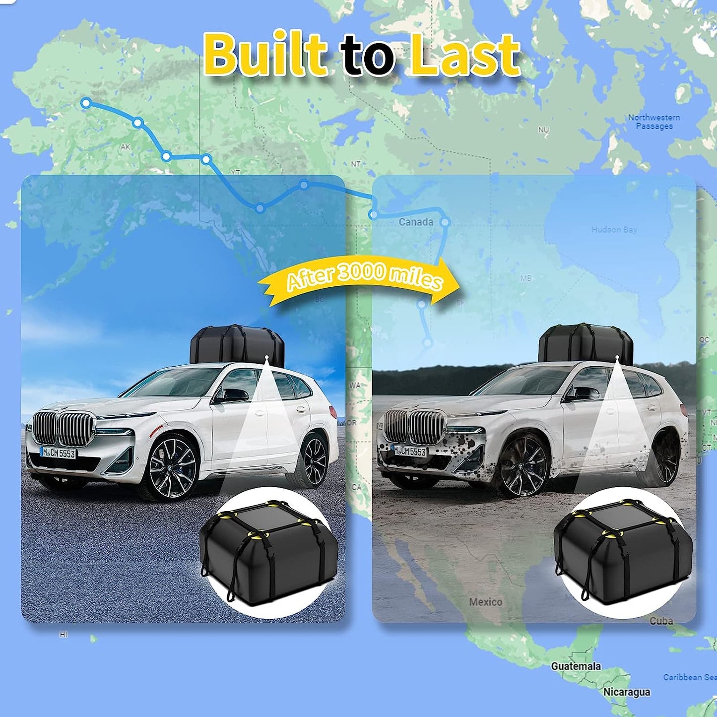 Rooftop Car Cargo Carrier Bag 15 Cubic Feet, Waterproof Car Rooftop Bag with Anti-Slip Mat and 6 Door Hooks, Suitable for All Vehicle with/Without Rack - OMOTOR