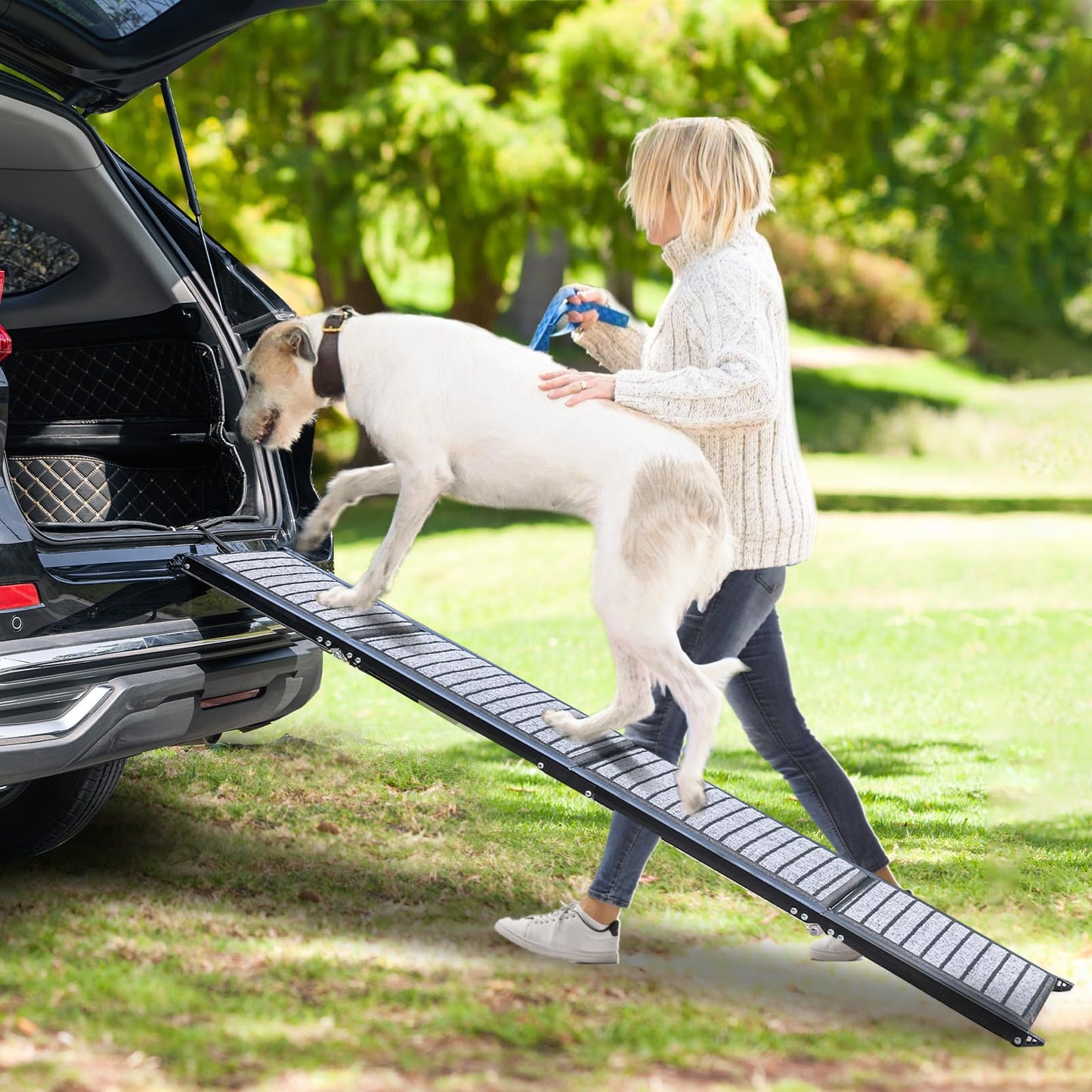 71"/67"/63" Large Dog Car Ramp,Folding Dog Ramp for Stairs with Anti-Slip Rug Surface,Pet Ramp for Dogs to Get Into a Car,SUV & Trucks,Dog Ramps for Large Medium Small Dogs Up to 250Lbs - OMOTOR