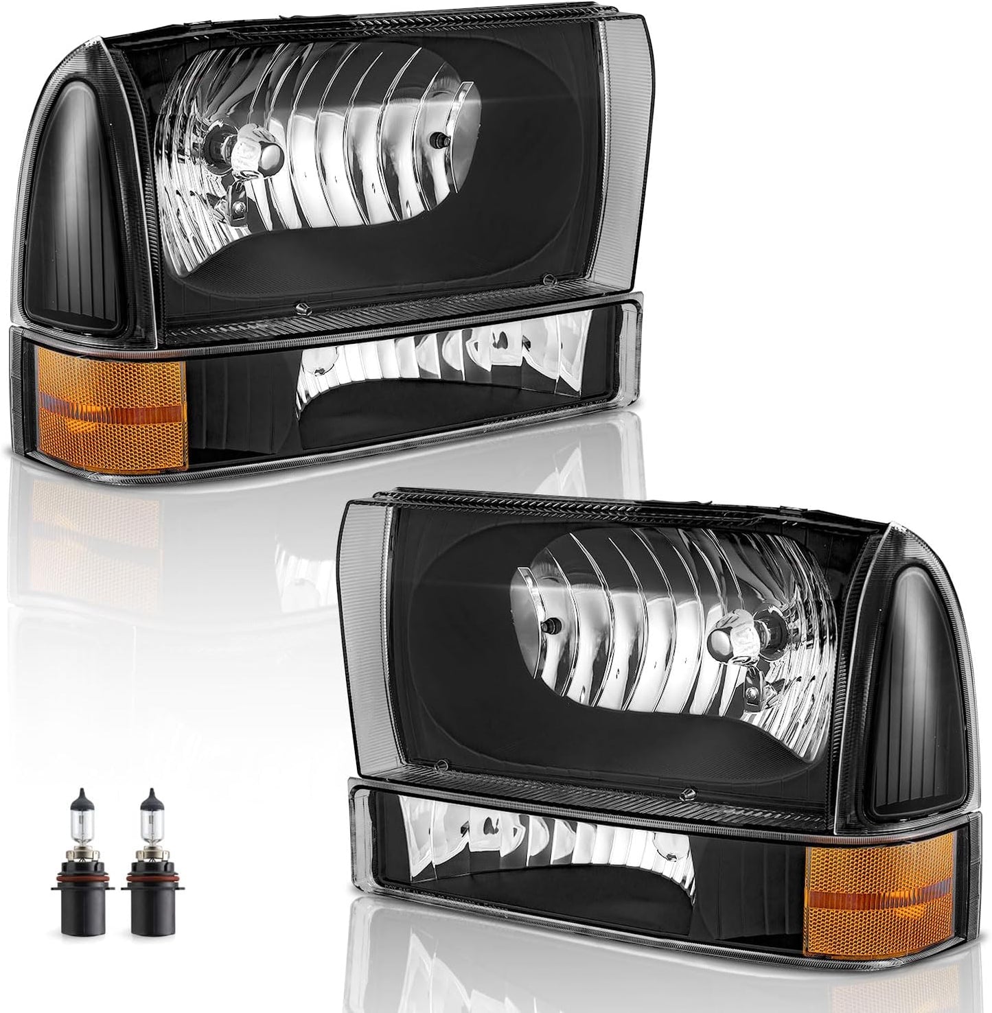 Headlights Assembly W/Bulbs for 99-04 Ford Super Duty F250 F350 F450 F550, for 00-04 Ford Excursion Headlight with Bumper Signal Corner Light - OMOTOR