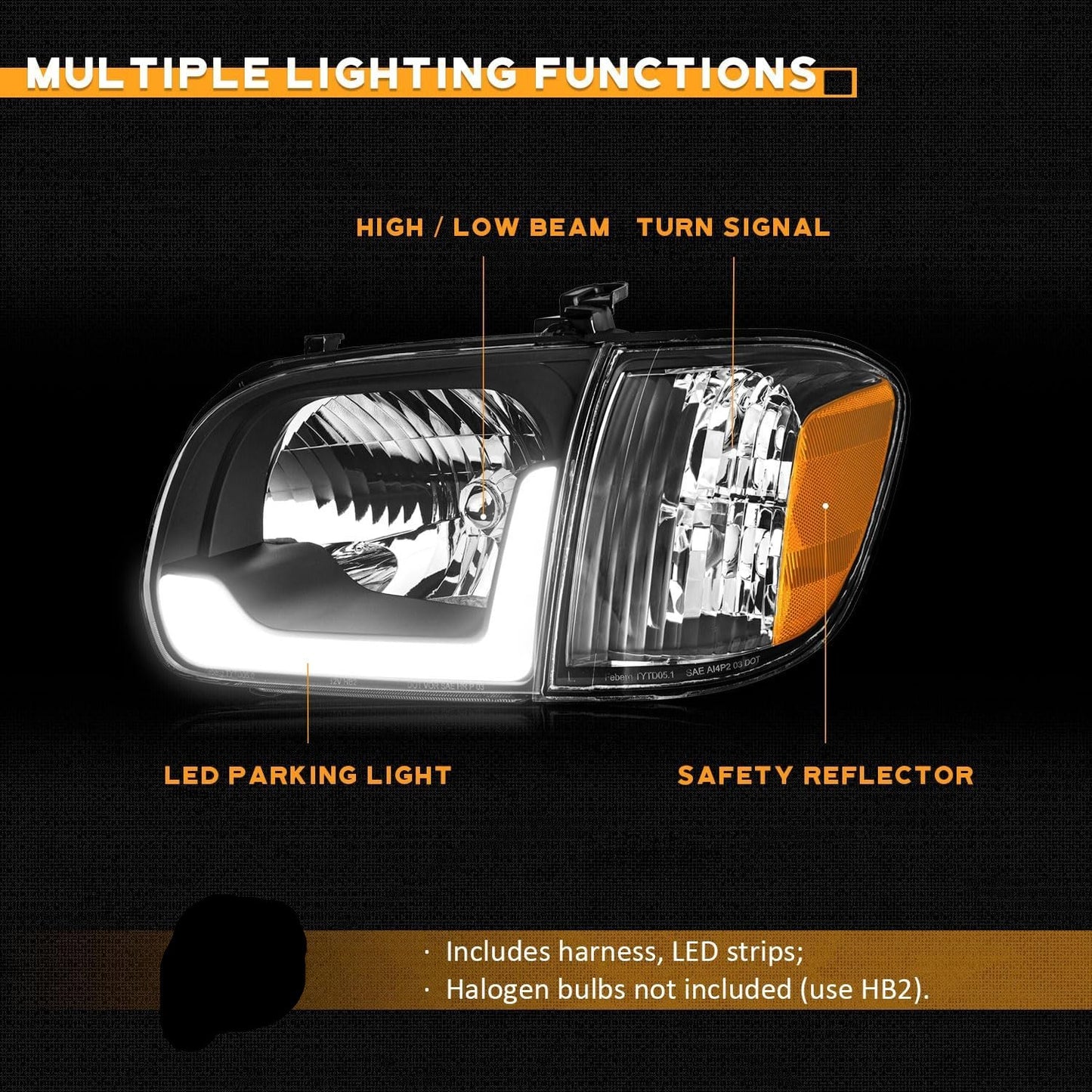 Headlight & Corner Lights for 2005-2006 Toyota Tundra Double Cab SR5/Limited & 2005-2007 Sequoia - Compatible Headlamp Set - OMOTOR