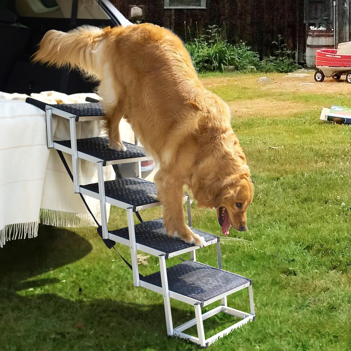 Foldable Dog Car Ramp for Large Dogs, Portable Dog Steps for SUV, Aluminum Dog Stairs with Non-Slip Surface for High Beds, Trucks and SUVs, 5 Steps - OMOTOR